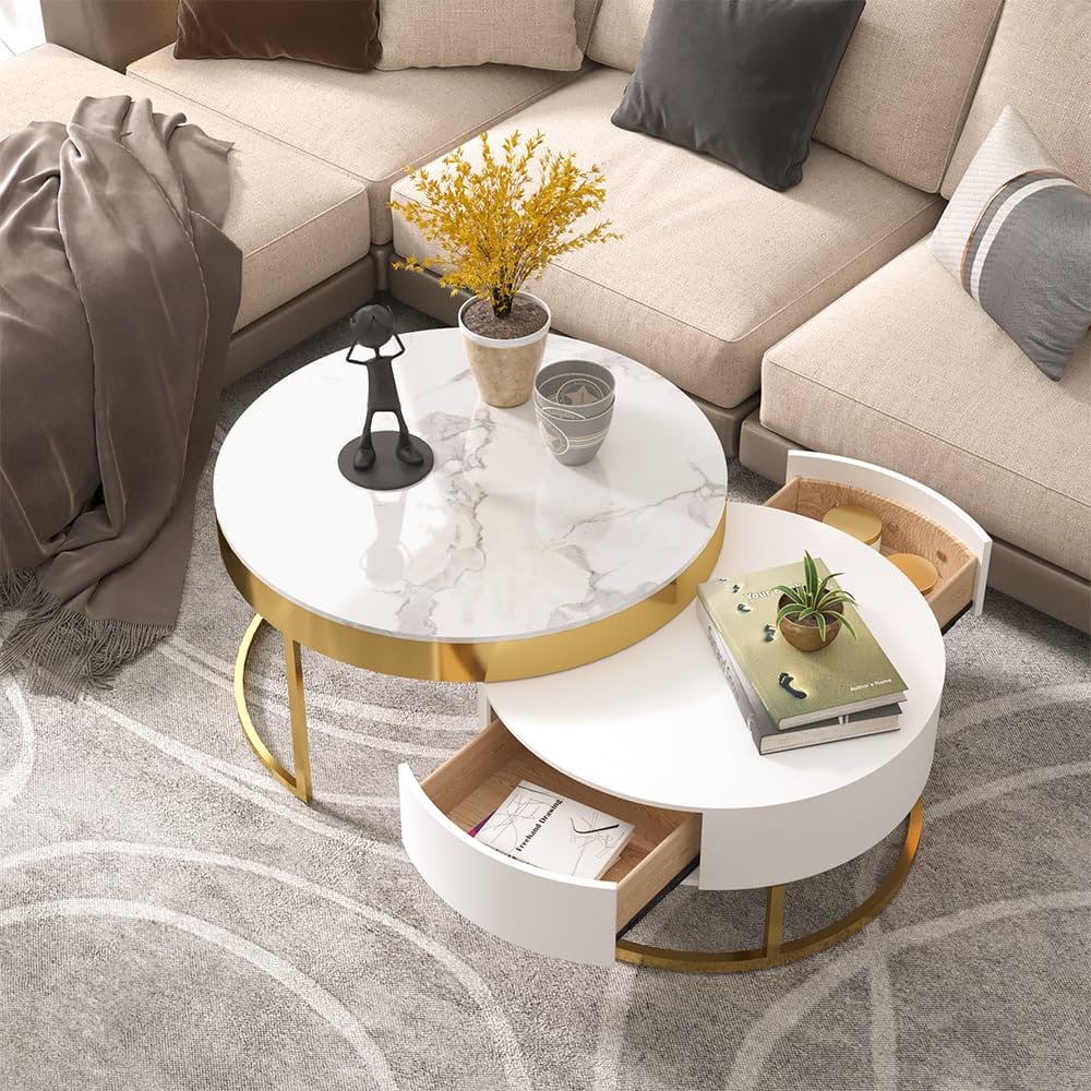 White Round Coffee Table with Storage - Faux Marble Nesting End Table with Rotatable Drawers for Living Room, Bedroom & Office - Modern Home Decor Furniture