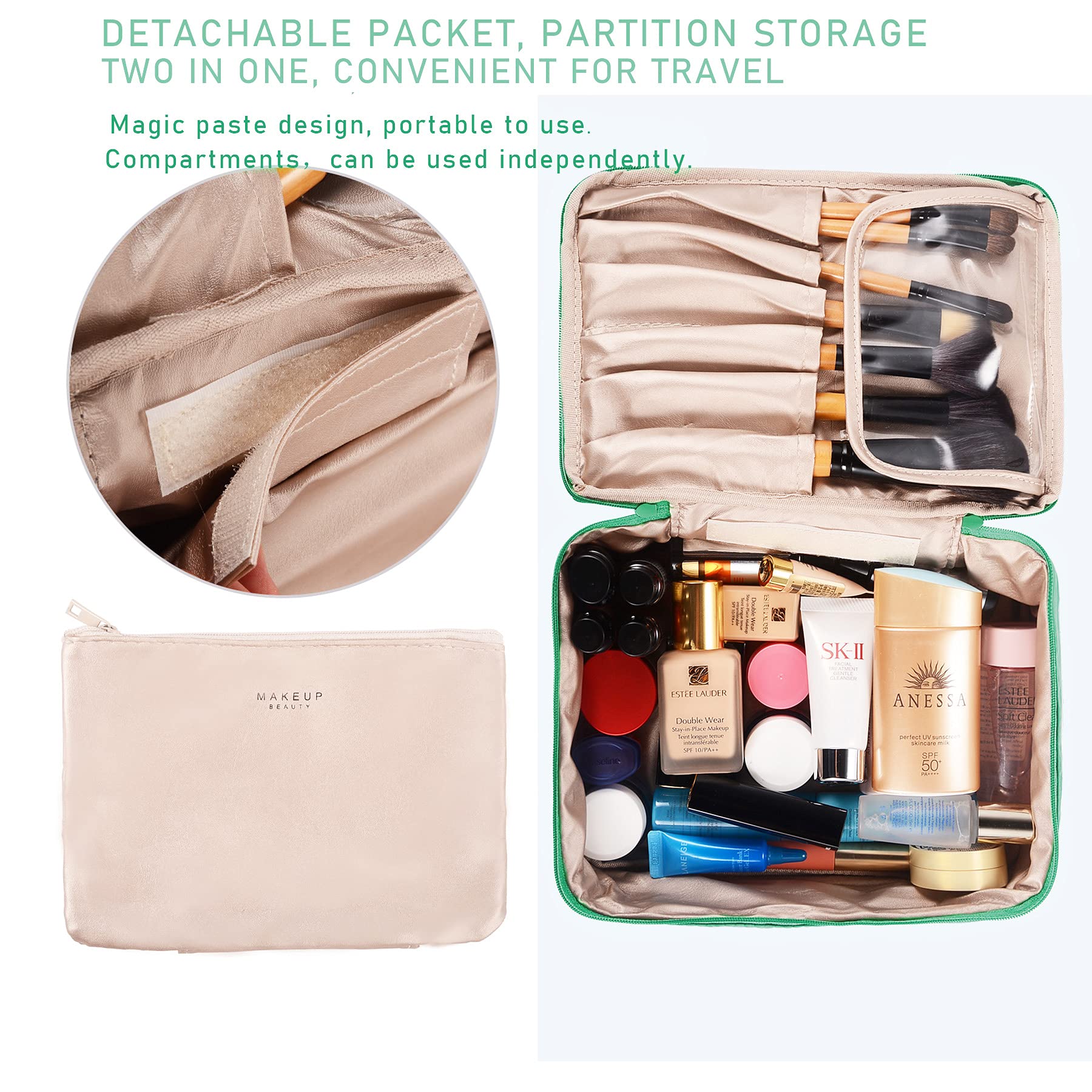 EXGOX Large Waterproof Makeup Bag for Women - Travel Cosmetic Organizer with Brush Holder, Reusable Toiletry Bag for Makeup Brushes & Cosmetics (Green) | Perfect for Travel, Gym, Beach & Daily Use