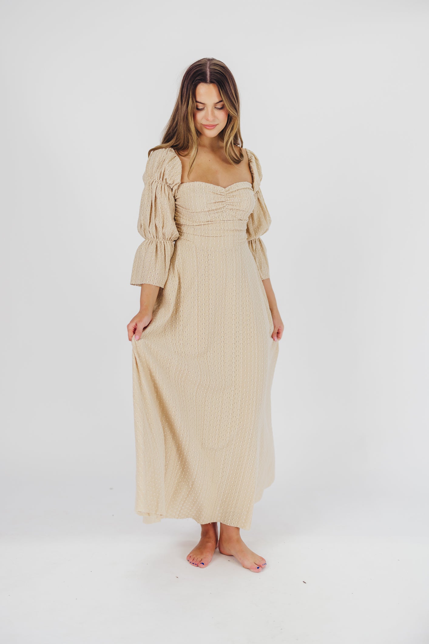 Corrine Tiered Sleeve Maxi Dress with Pockets - Bump Friendly Maternity Dress in Beige | Perfect for Pregnancy, Nursing, and Special Occasions