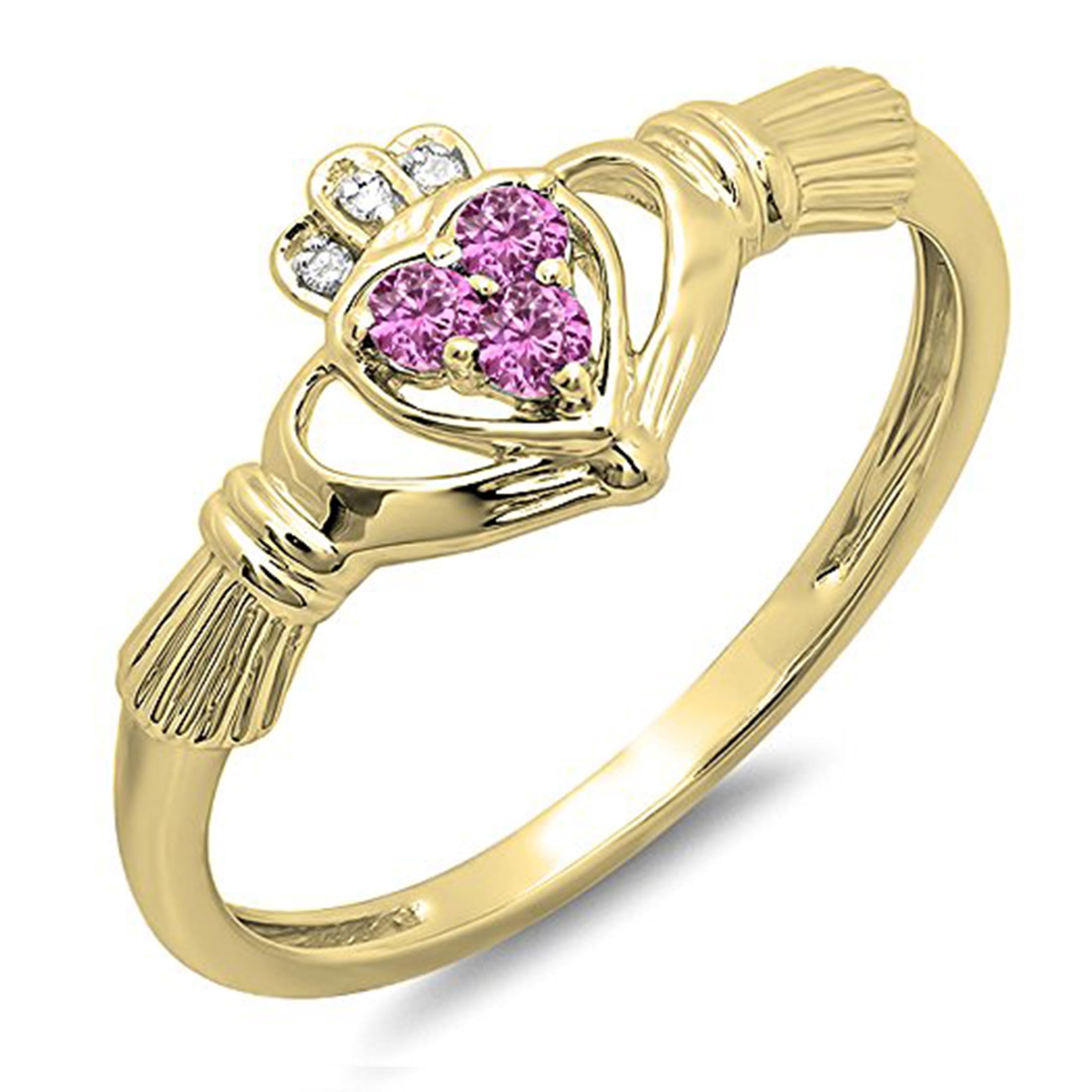 10K Solid Gold Pink Sapphire & White Diamond Claddagh Heart Ring for Women - Irish Love & Friendship Promise Ring, Perfect for Anniversaries, Valentine's Day & Special Occasions