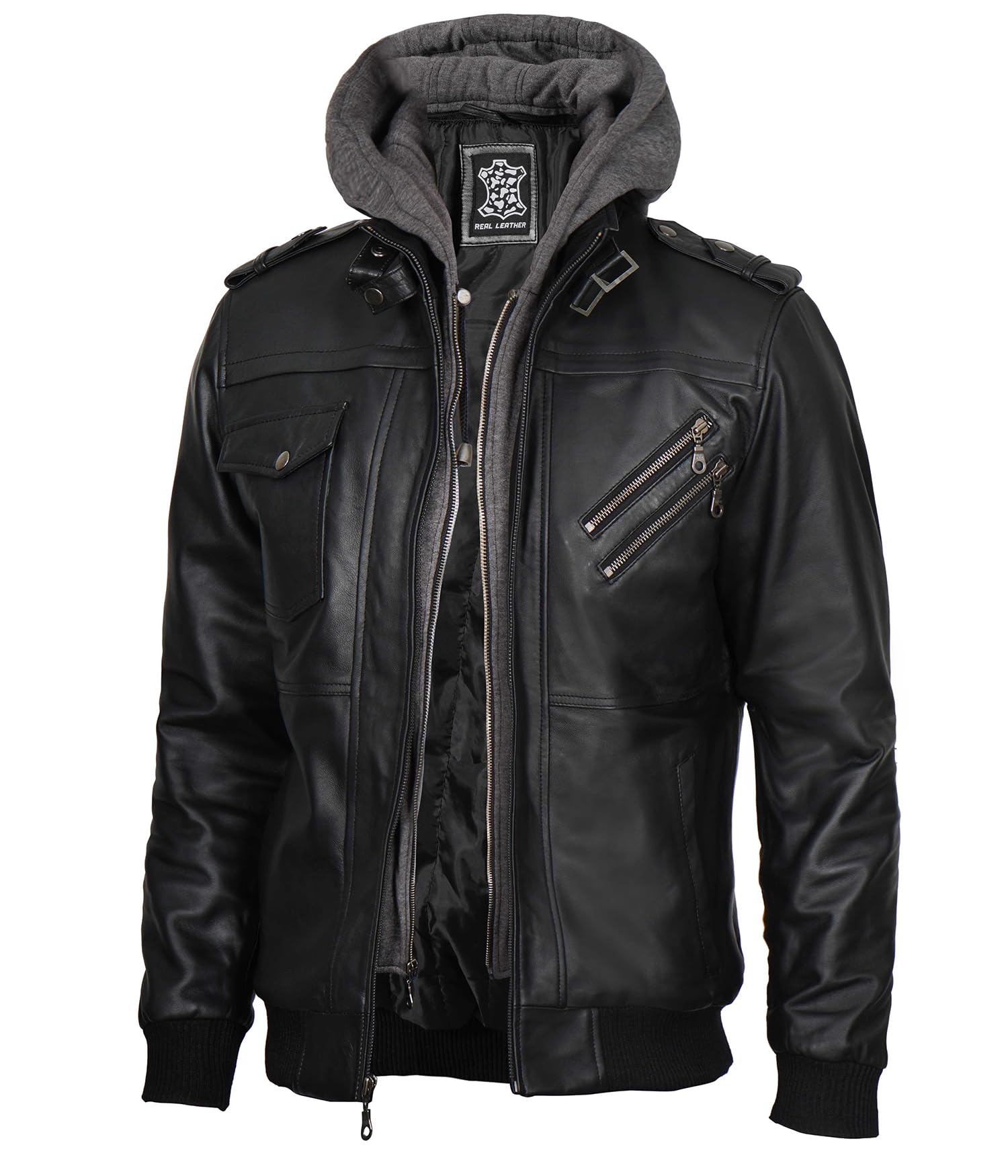 Genuine Leather Bomber Jacket for Men - Motorcycle & Casual Wear with Removable Hood - Stand Collar Biker Jacket for Riding, Travel & Everyday Fashion