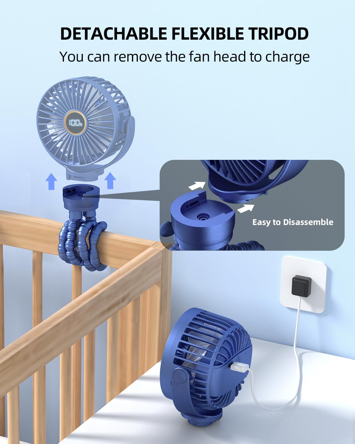 KIDEE Portable Baby Stroller Fan with LED Display - 360° Rotating Flexible Tripod, Rechargeable Mini Clip Fan for Car Seat, Crib & Travel | Handheld Cooling Fan for Home, Office & Gym Use