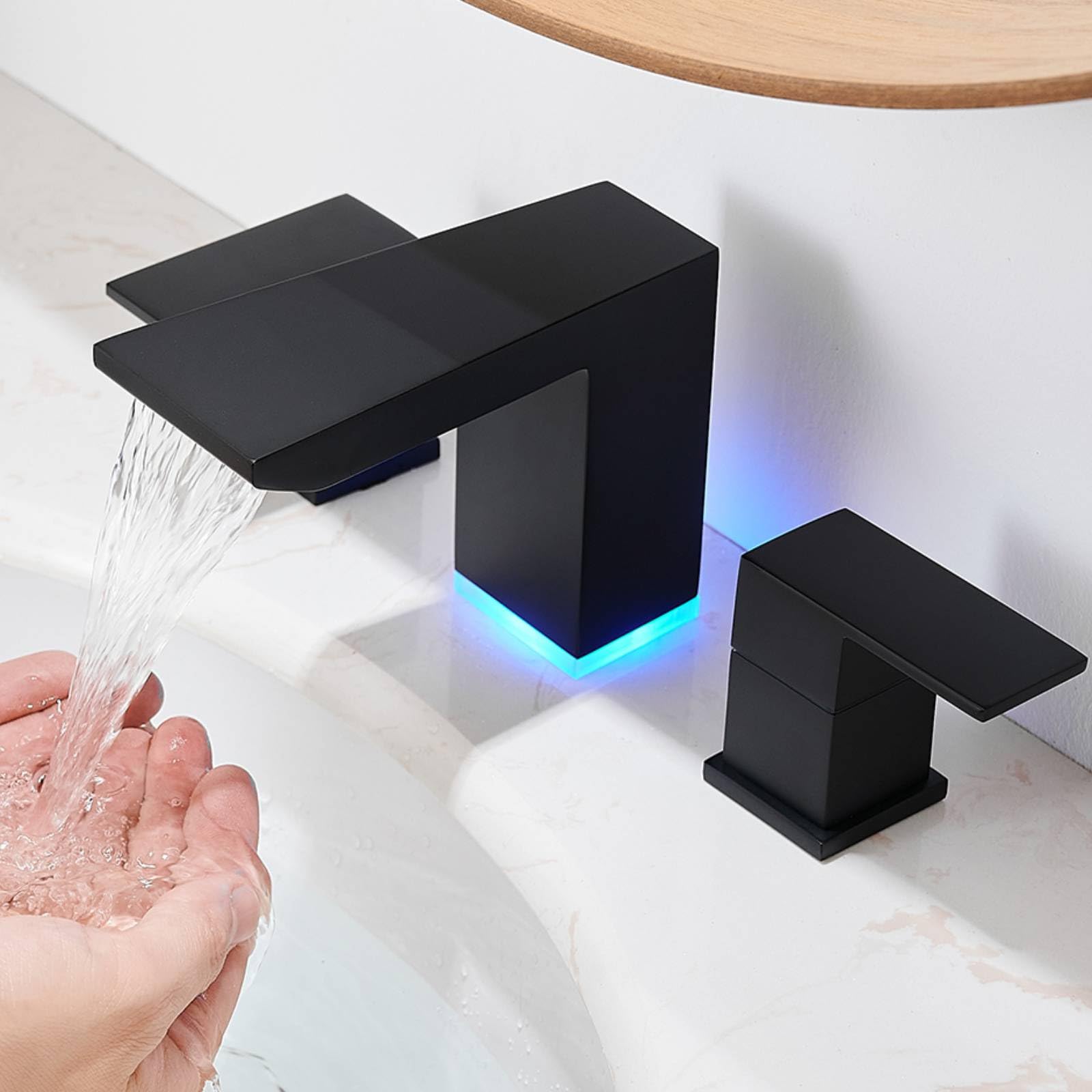 BESy LED 3-Hole Bathroom Sink Faucet - Modern Waterfall Bathroom Faucet with Motion Sensor for Vanity, Powder Room & Guest Bath | Energy Efficient & Touchless Design