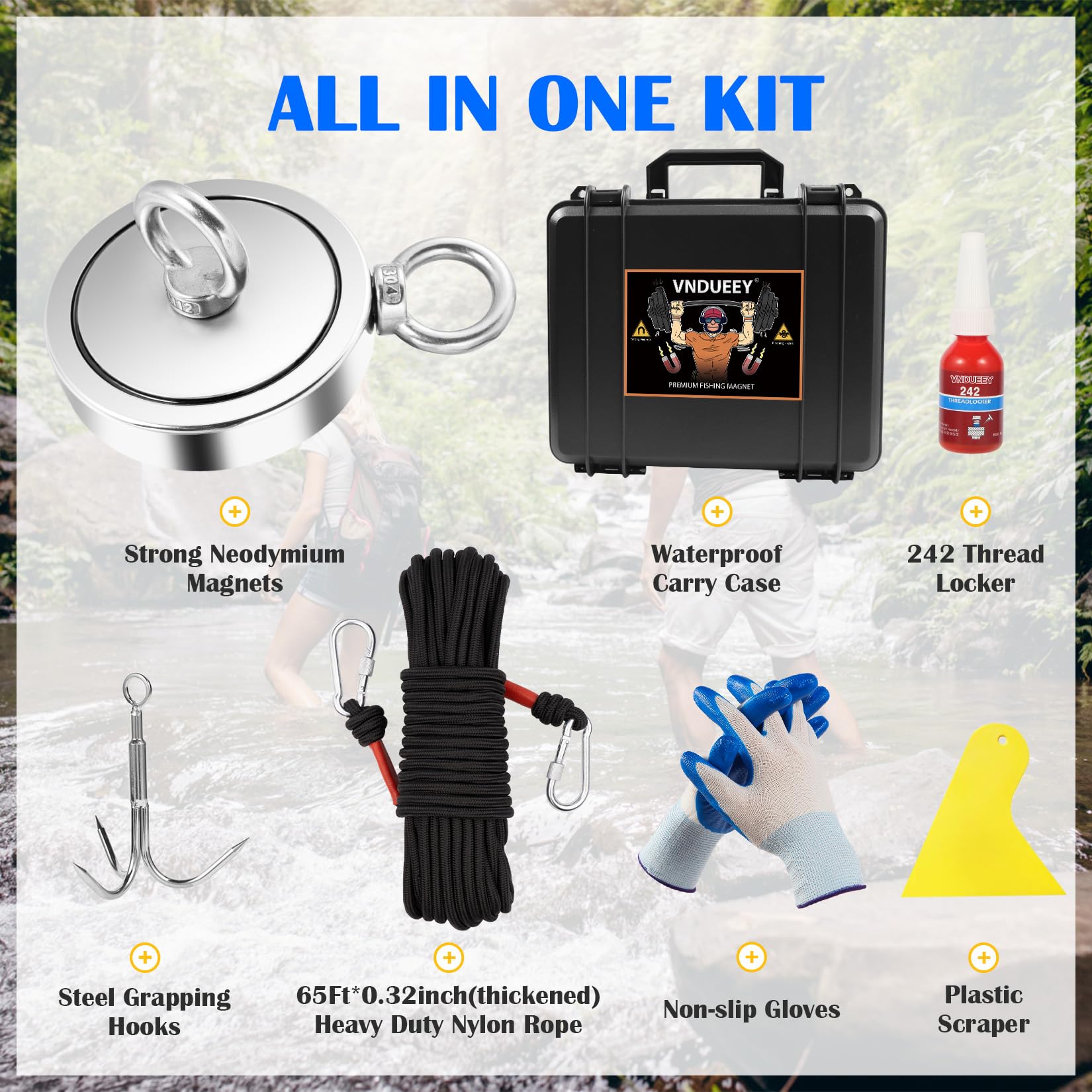 VNDUEEY 2625 Lbs Magnet Fishing Kit with Heavy Duty Neodymium Magnet, 65FT Rope, Grappling Hook, Gloves & Carry Case - Perfect for Treasure Hunting in Rivers, Lakes & Underwater Metal Detection