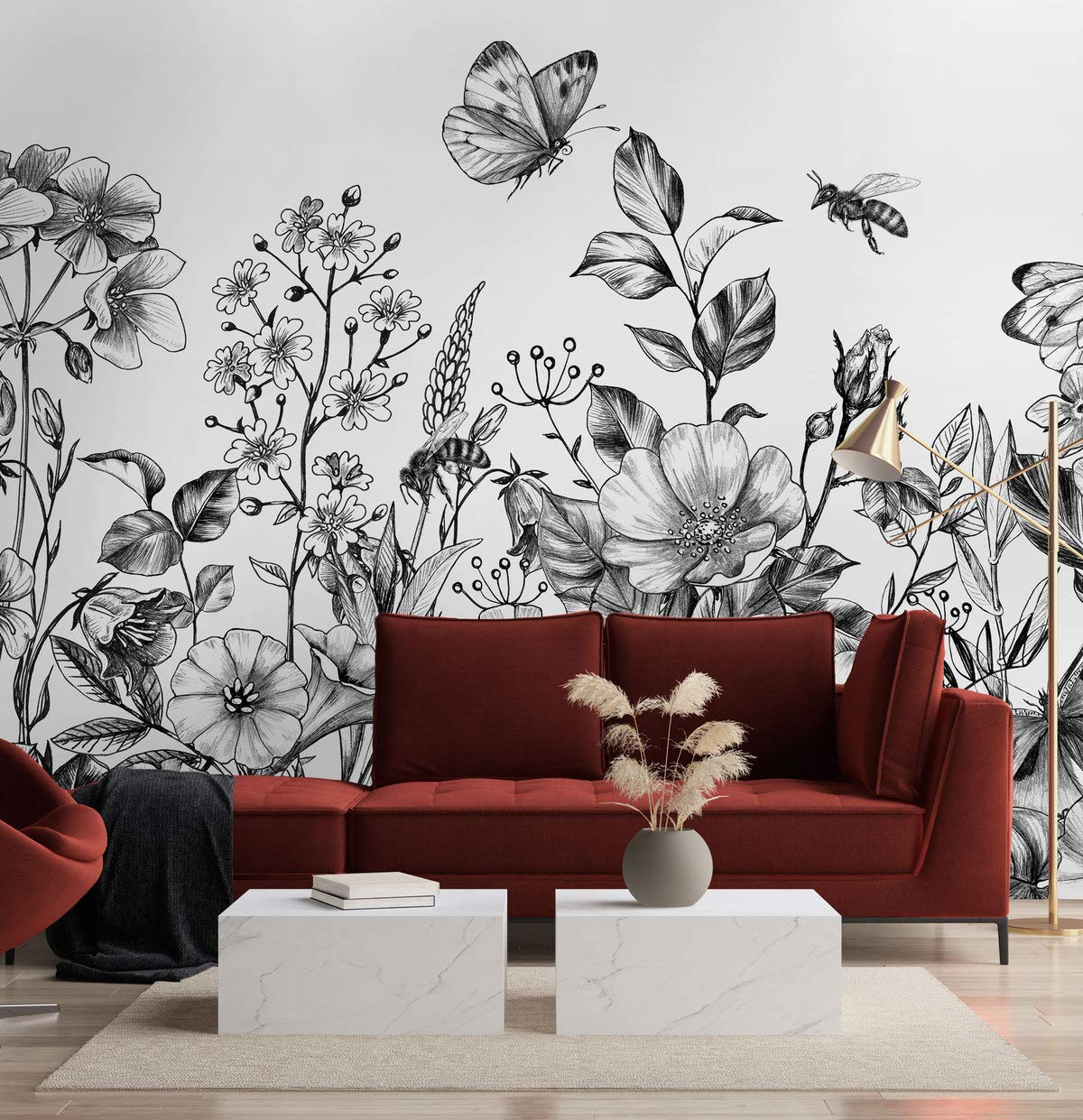Murwall Black and White Floral Wallpaper - Elegant Charcoal Flower Wall Mural for Living Room, Bedroom & Cafe Decor | Peel and Stick Wallpaper for Home & Commercial Spaces