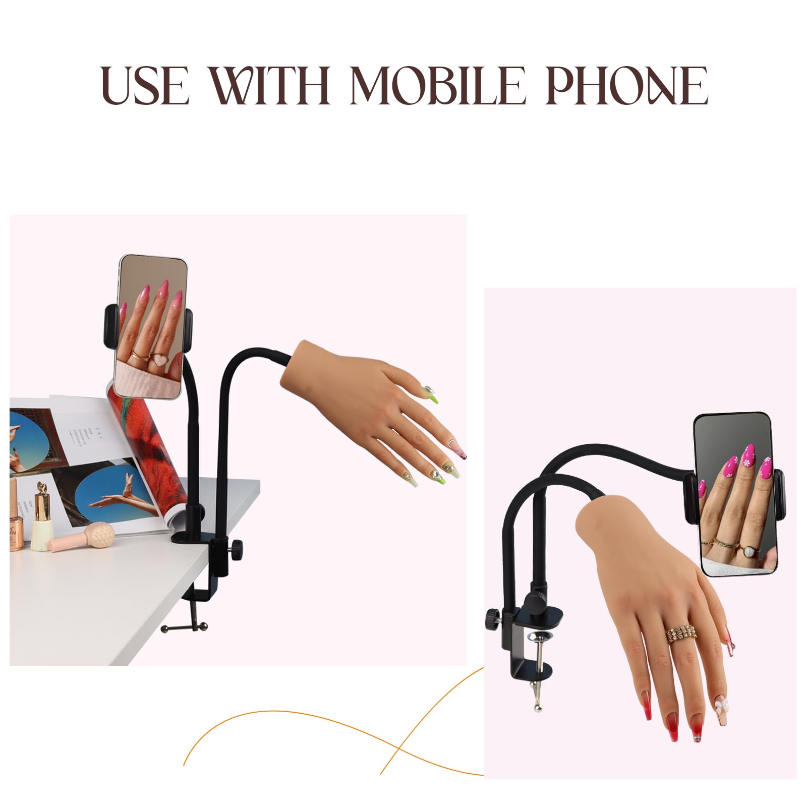 **Silicone Practice Hand for Acrylic Nails – Fake Training Hand with Mobile Phone Holder – Manicure Kit for DIY, Nail Salon & Artists – Perfect for Nail Art Practice & Display**    *(Use: Ideal for nail art practice, salon training, acrylic nail display, and social media content creation.)*