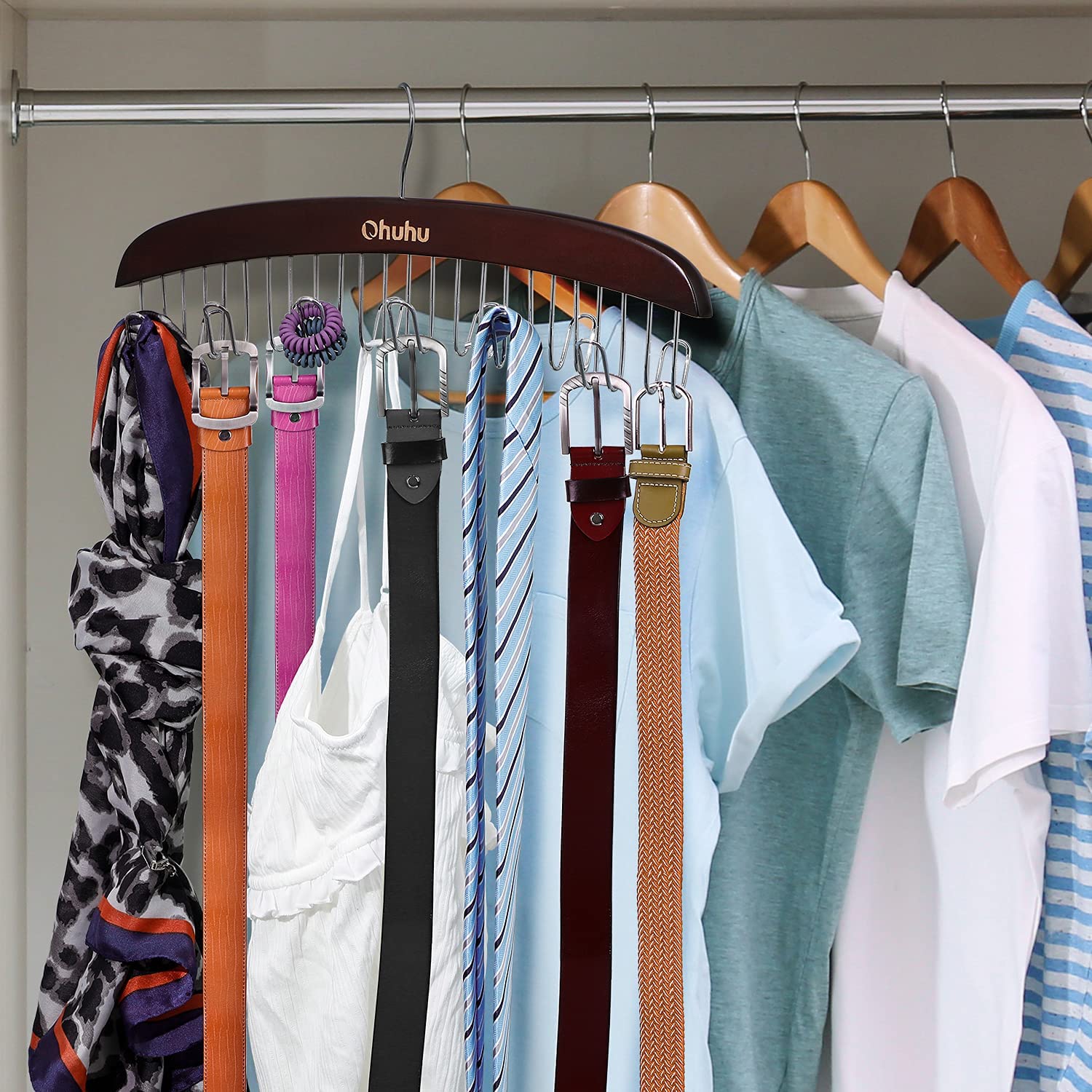 Ohuhu 360 Degree Rotating Belt & Tie Organizer - 12 Hook Wooden Closet Storage Rack for Belts, Neckties & Bow Ties - Space Saving Swivel Hanger for Bedroom, Closet & Dorm Organization