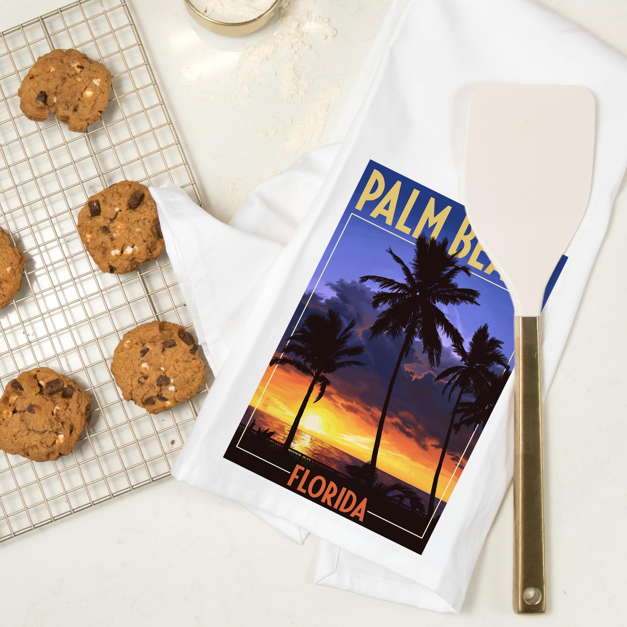Lantern Press Palm Beach Florida Palms and Sunset 100% Cotton Tea Towel - Decorative Hand Towel for Kitchen, Bathroom & Home Decor - Perfect for Dish Drying, Gift Giving and Coastal Themed Decor