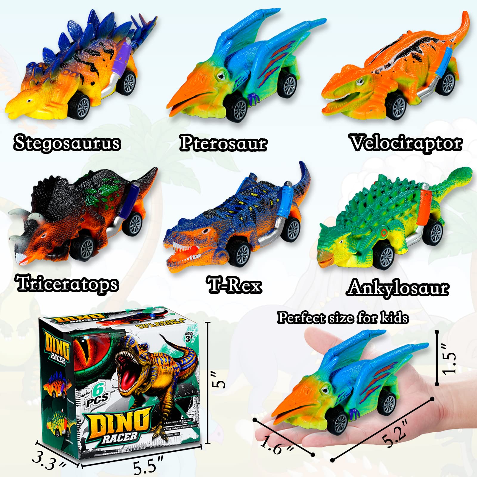 Dinosaur Pull Back Cars Toy Set - 6 Pack Friction Powered Dino Vehicles for Kids Ages 3-7 | STEM Learning Toys for Boys & Girls | Birthday Party Favors, Easter Gifts & Preschool Playtime Activities
