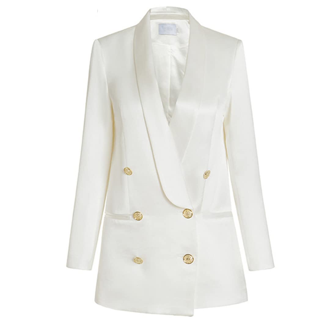 Elegant Women's White Loose Fit Long Blazer with Shawl Collar - Perfect for Office Wear, Business Meetings & Professional Outfits