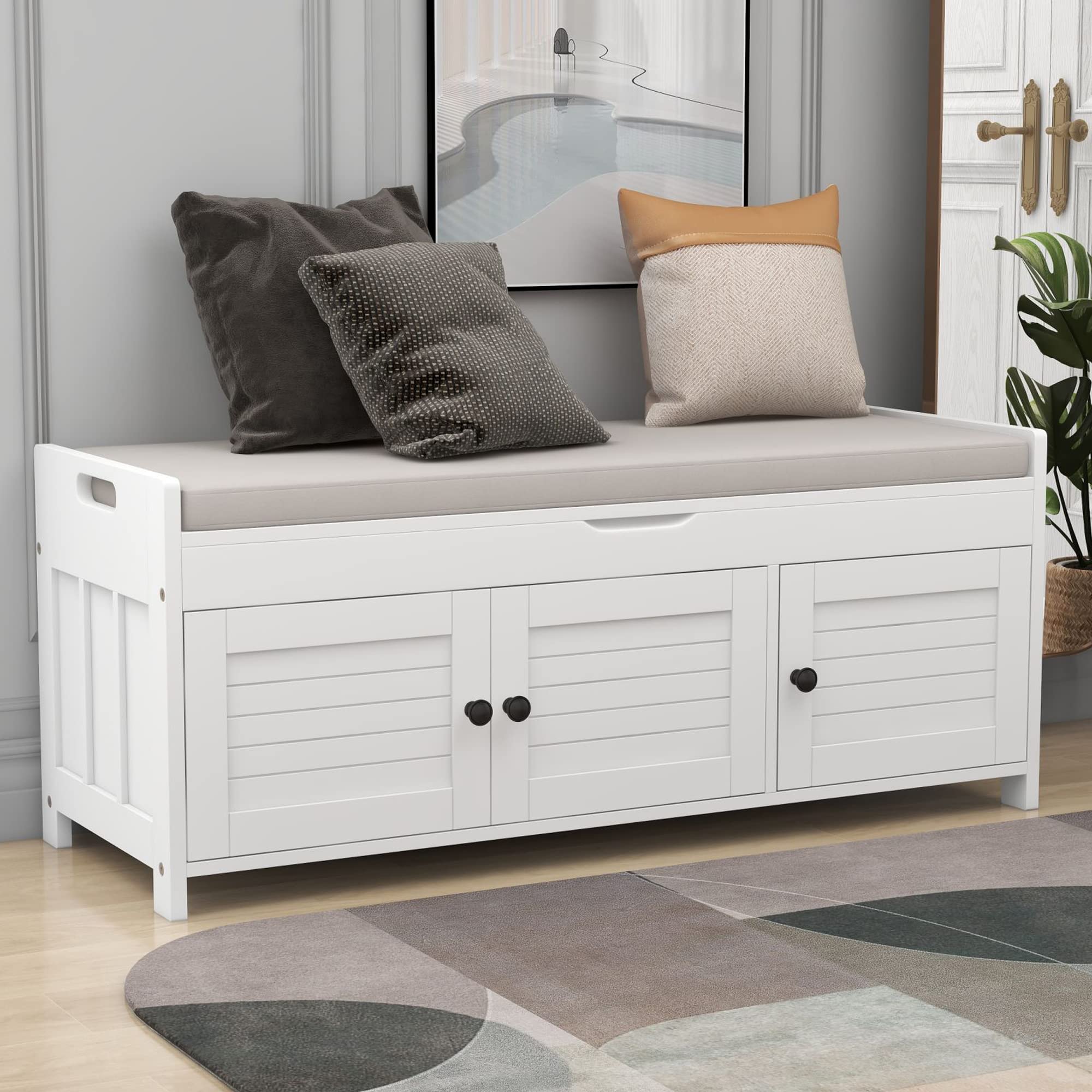 P PURLOVE Wooden Entryway Storage Bench with 3 Shutter Doors - Shoe Bench with 2-Size Storage, Removable Cushion & Hidden Compartment | Perfect for Hallway, Mudroom & Living Room Organization