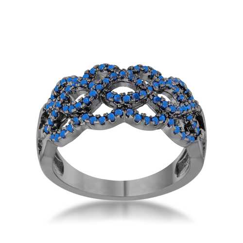 0.4ct Natural Sapphire & CZ Hematite Twist Ring for Women - Elegant Stackable Jewelry for Weddings, Anniversaries & Special Occasions