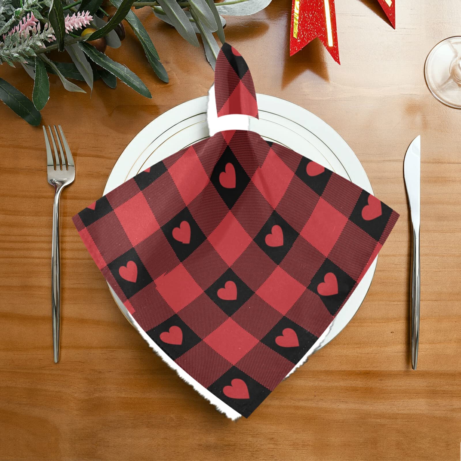 Valentine's Day Red Buffalo Check Heart Print Cloth Napkins - Set of 6 Premium 20