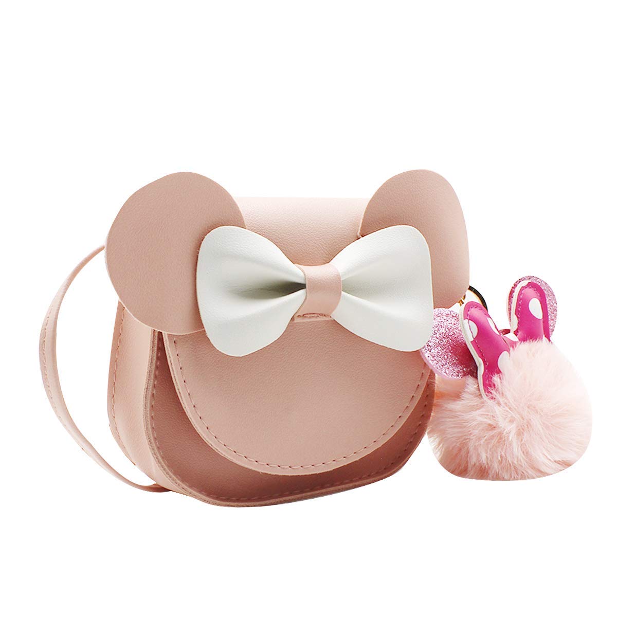 Cute Pink Mini Crossbody Purse for Toddler Girls - Small Wallet with Mouse Ears, Bowknot & Pompom Keychain - Perfect for Disney Trips, Birthday Gifts & Daily Use