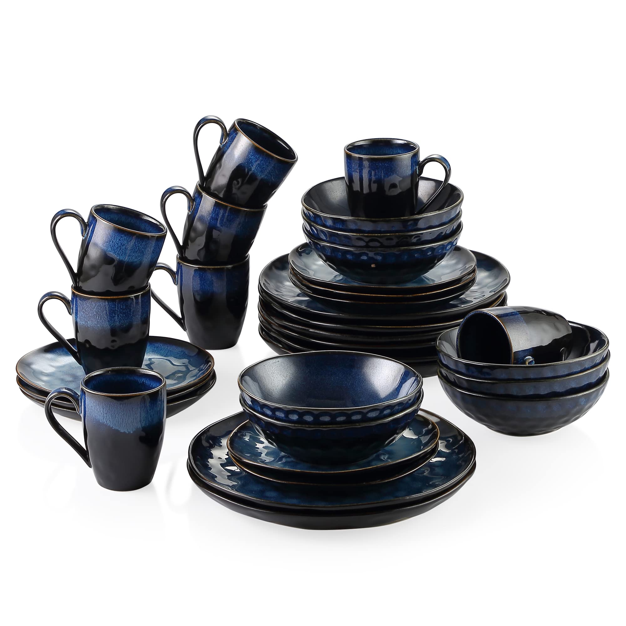 Vancasso 32-Piece Blue Round Stoneware Dinner Set - Reactive Glaze Dinner Plates, Dessert Plates, Bowls & Mugs for 8 People - Starry Night Design - Perfect for Family Dinners, Parties & Restaurant Use
