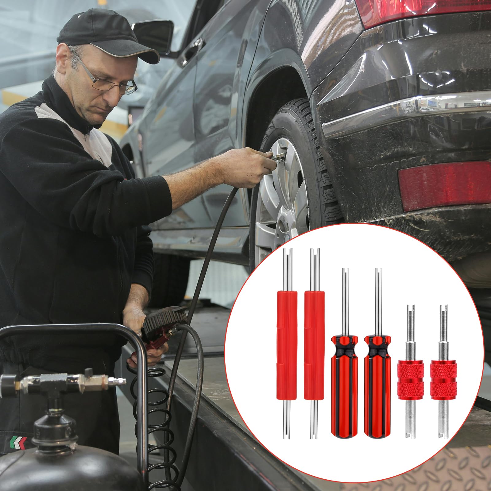 6-Piece Valve Stem Remover Tool Set - Dual & Single Head Tire AC Valve Core Wrench for Schrader A/C Kit Repair, Car Air Conditioner & RV Tire Valve Maintenance (Red) - Perfect for Auto Shops & DIY Tire Inflation