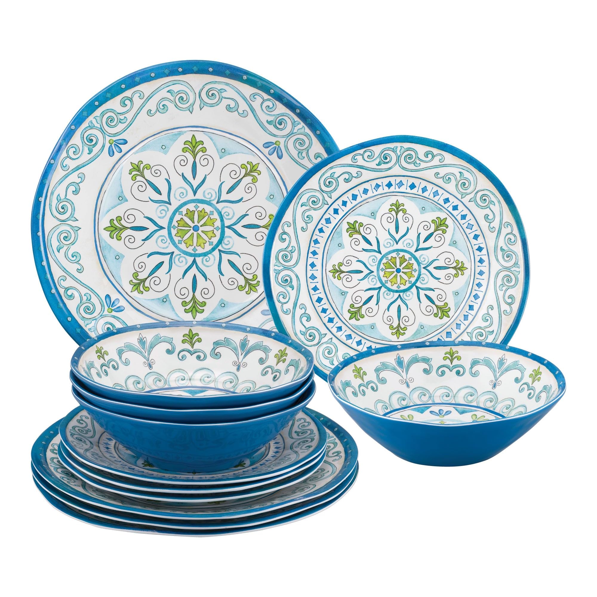 UPware 12-Piece Medallion Floral Melamine Dinnerware Set - Durable Outdoor Dishes, Plates & Bowls for 4 - Shatterproof Blue Tableware - Perfect for Picnics, Camping & Outdoor Dining
