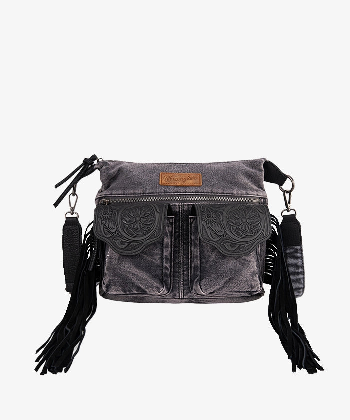 Wrangler Fringe Floral Tooled Denim Crossbody Bag for Women - Western Style Handbag Purse for Casual Outings, Music Festivals & Country Events