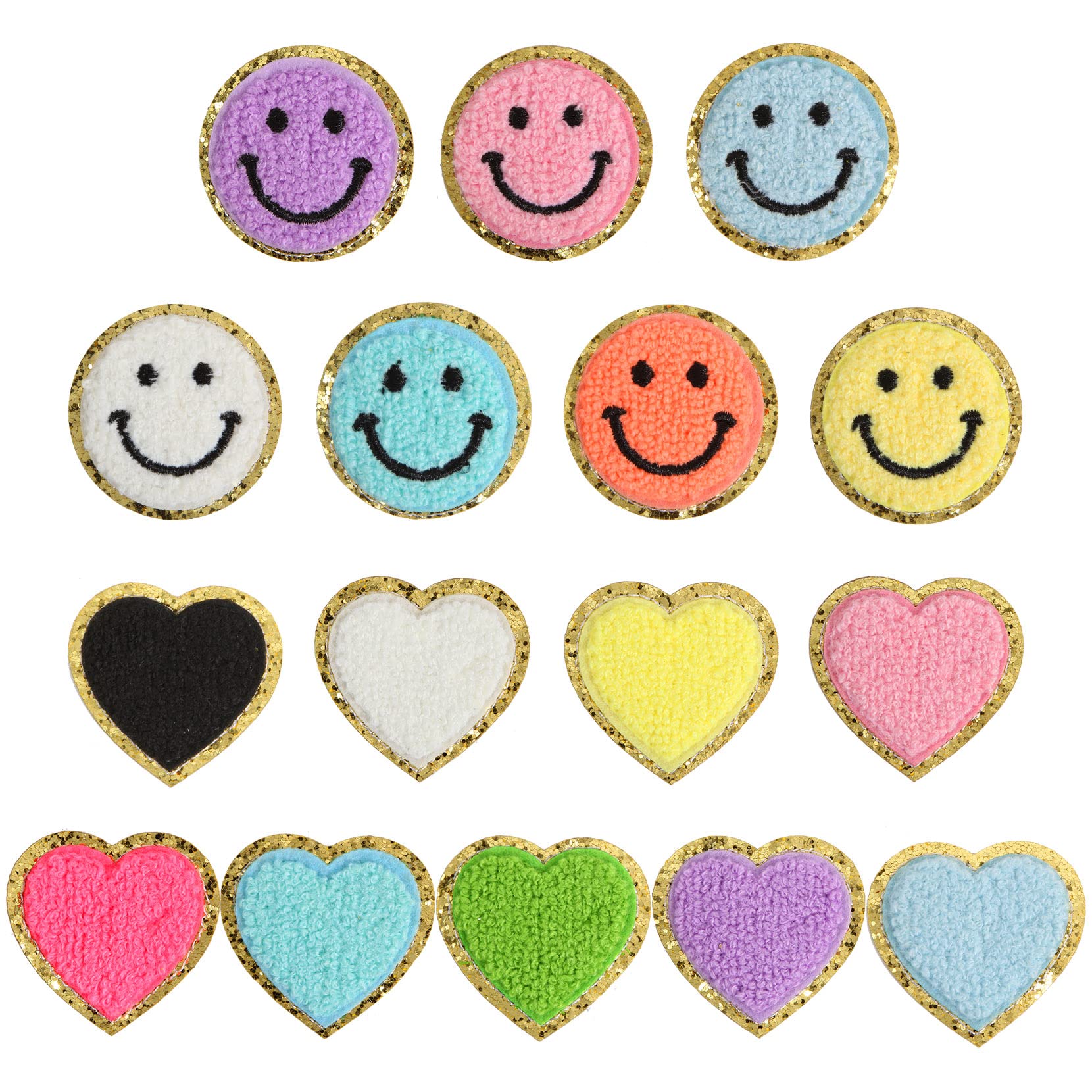 16-Piece Smiley Face & Heart Iron-On Patches Set for Clothing, Jackets, Jeans, Hats & Backpacks - DIY Fabric Decorations for Customizing Outfits & Accessories (9 Hearts & 7 Smiley Faces) - Perfect for Crafting, Gifts & Personalizing Denim, T-Shirts & School Bags