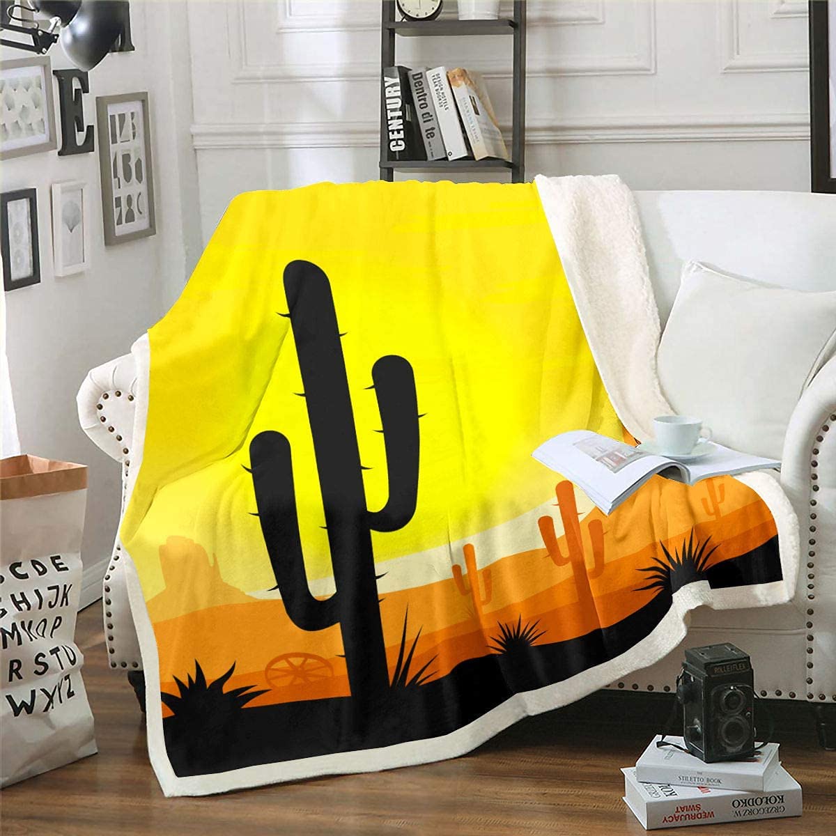 LAYENJOY Soft Cactus Print Fleece Blanket - Desert Plant Throw with Mountain Sunset Design - Cozy Plush Blanket for Kids, Boys, Teens & Adults - Perfect for Bed, Sofa, Office & Outdoor Camping