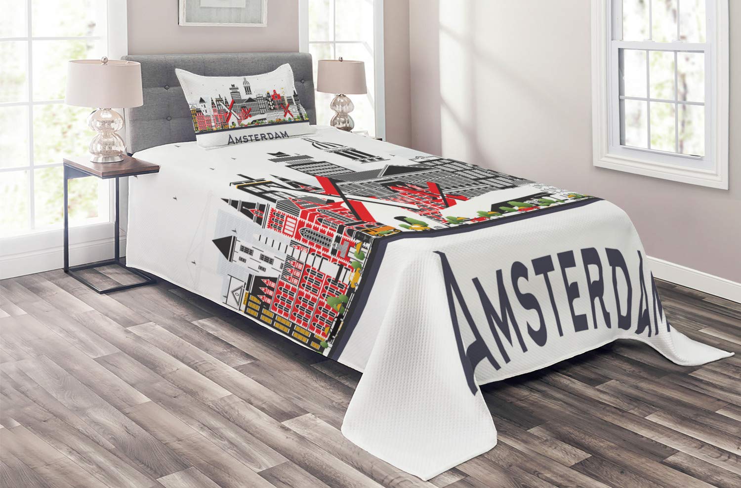Ambesonne Amsterdam Quilt Set - Holland City Skyline & Urban Buildings Travel Theme, 2-Piece Decorative Bedspread with Pillow Sham, Twin Size in Vermilion White & Charcoal Grey - Perfect for Travel Lovers' Bedroom Decor & Guest Room Styling