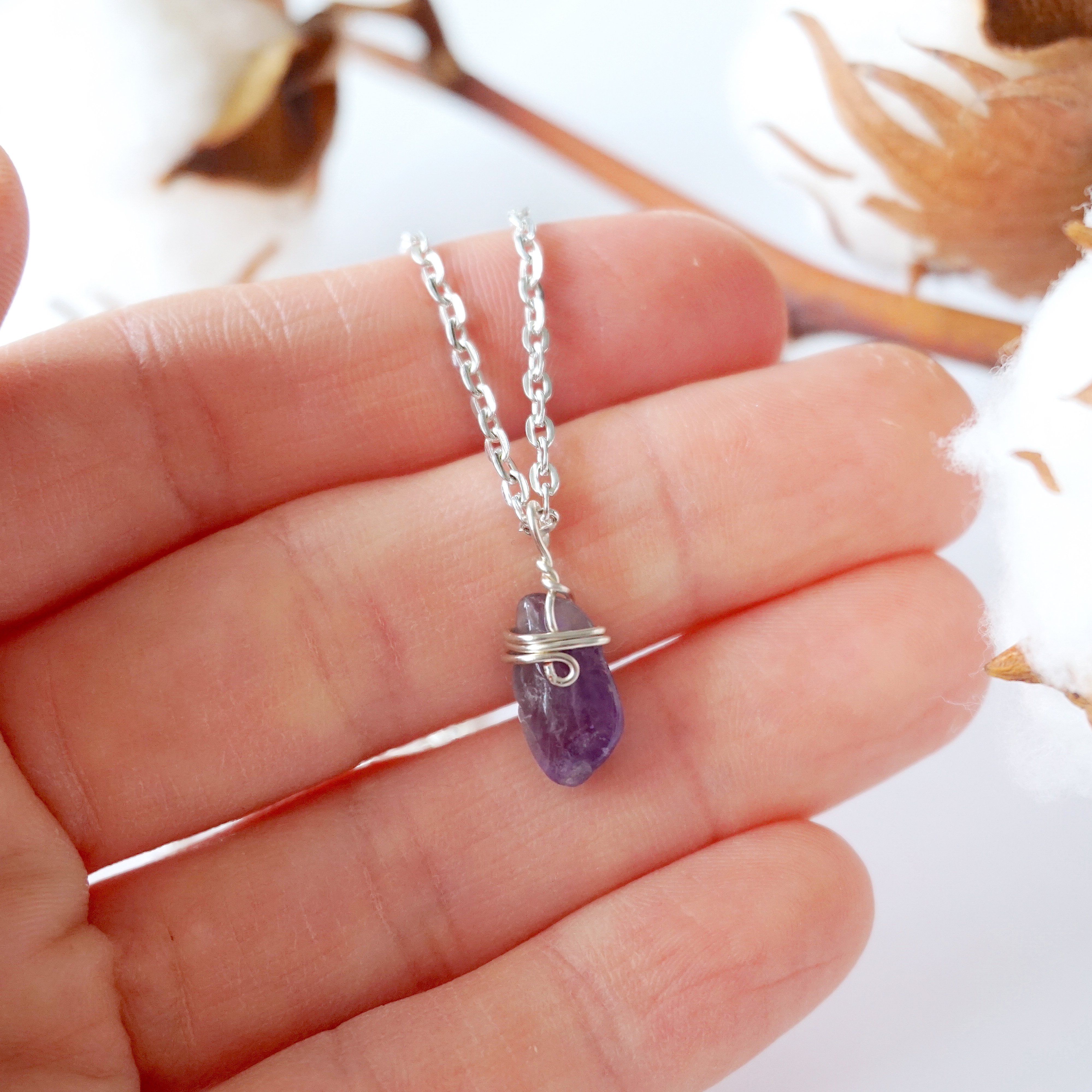 Amethyst Necklace for Women - Sterling Silver Plated Wrapped Charm Pendant - Elegant Jewelry Gift for Birthday, Anniversary & Everyday Wear