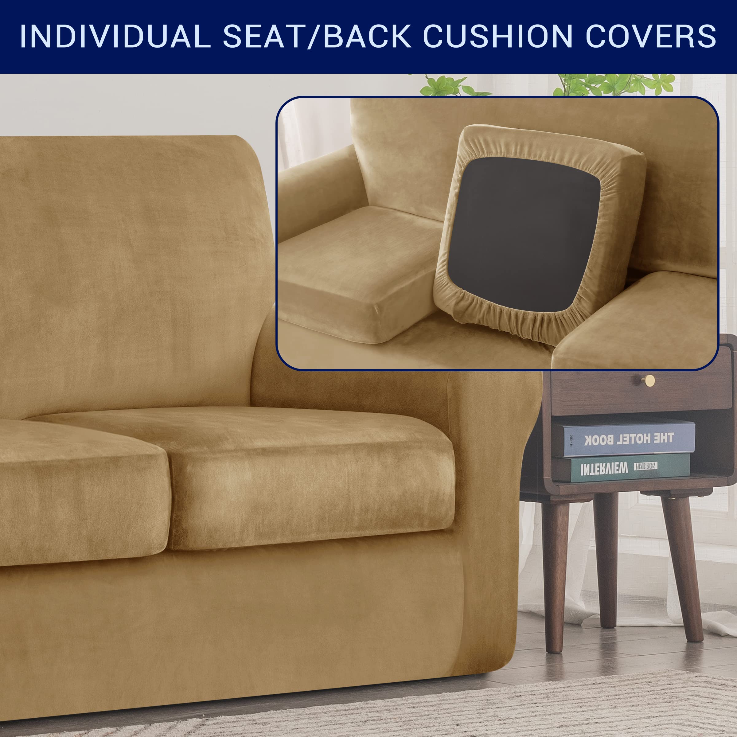 SUBRTEX Velvet Plush Sofa Slipcover - High Stretch Couch Cover with Separate Cushion Covers, Loveseat Protector, Machine Washable (Sand, Small) - Perfect for Living Room, Apartment & Pet-Friendly Furniture Protection
