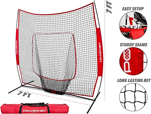 PowerNet 7x7 Baseball Softball Practice Hitting Net with Carry Bag - Portable Training Net for Batting Practice, Backyard Drills & Field Training | Perfect for Home, Field & Cage Use
