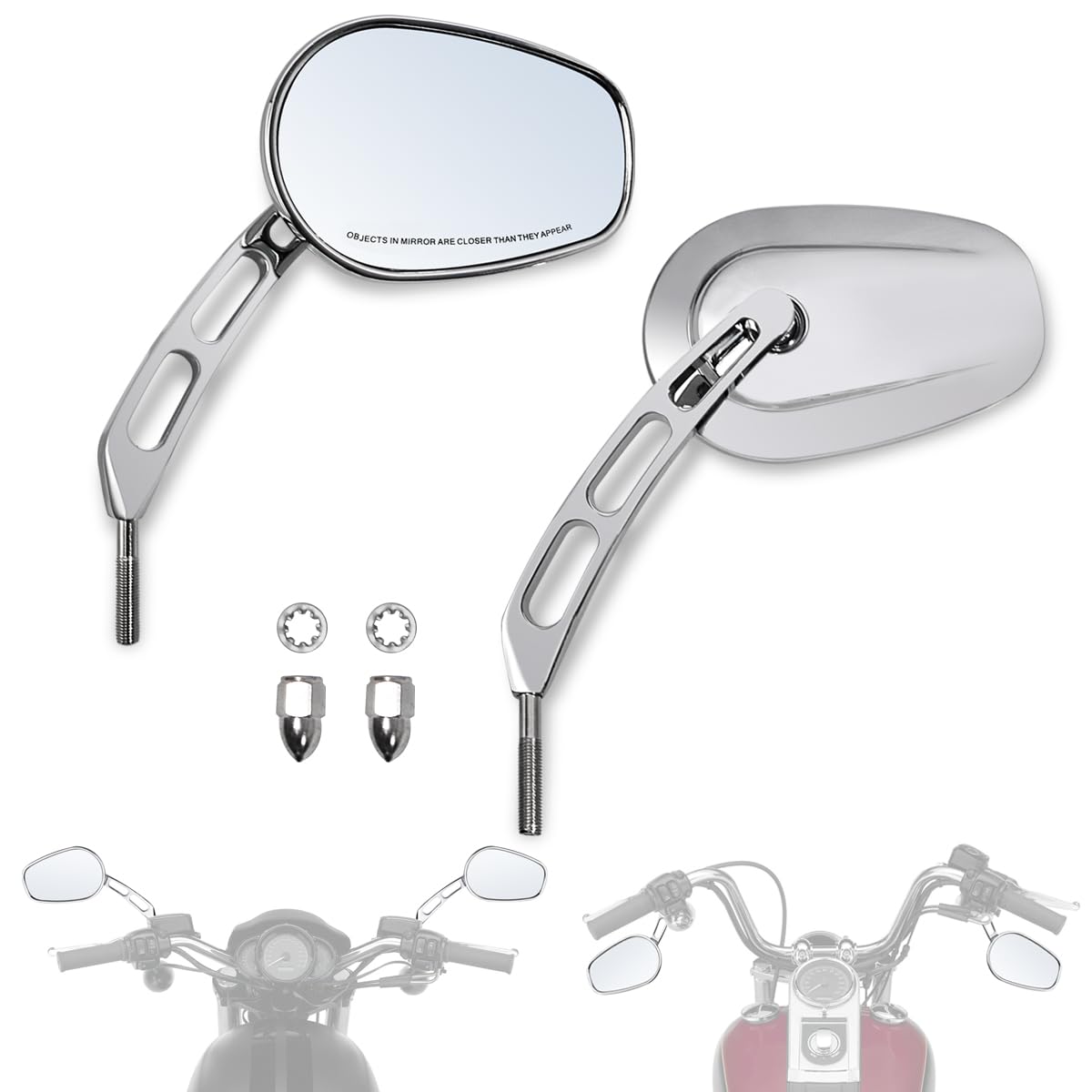 FOVPLUE Handlebar Mount Mirrors - Left & Right Side Rearview Mirrors for Harley Davidson 1982-2024 Models (CVO, Dyna, Electra Glide, Road Glide, Road King, Softail, Street Glide, Sportster 1200/883) - Chrome Finish - Perfect for Safe Riding & Highway Cruising