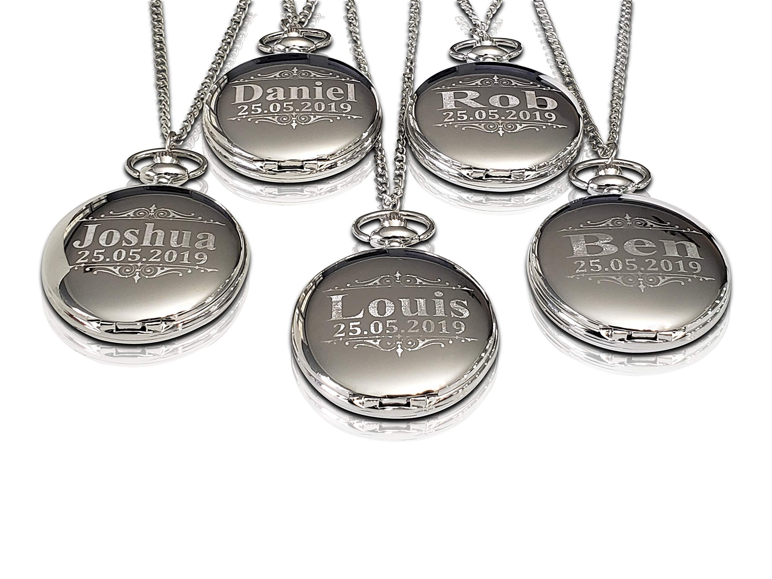 Personalized Pocket Watch Set for Groomsmen - 5 Unique Engraved Gifts with Chain & Box (4 Colors) - Perfect for Weddings, Anniversaries & Special Occasions