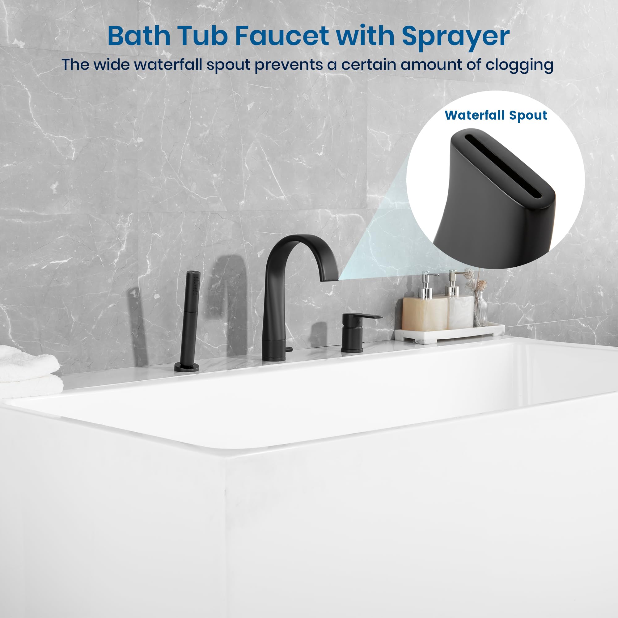 SKOWLL Roman Tub Faucet with Sprayer - Matte Black Deck Mount Bathtub Faucet Set with Handheld Shower & Waterfall Spout - Widespread Bathroom Faucet for Luxury Soaking Tubs (Perfect for Spa-Like Bathroom Upgrades & Relaxing Bubble Baths)