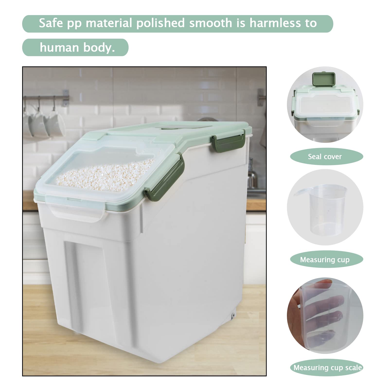 25lb Large Airtight Flour Storage Container with Wheels - 4 Pack BPA-Free Food Storage Bins with Seal Locking Lid & Measuring Scoop - Perfect for Flour, Rice, Grains, Baking Supplies & Bulk Food Storage (Green)