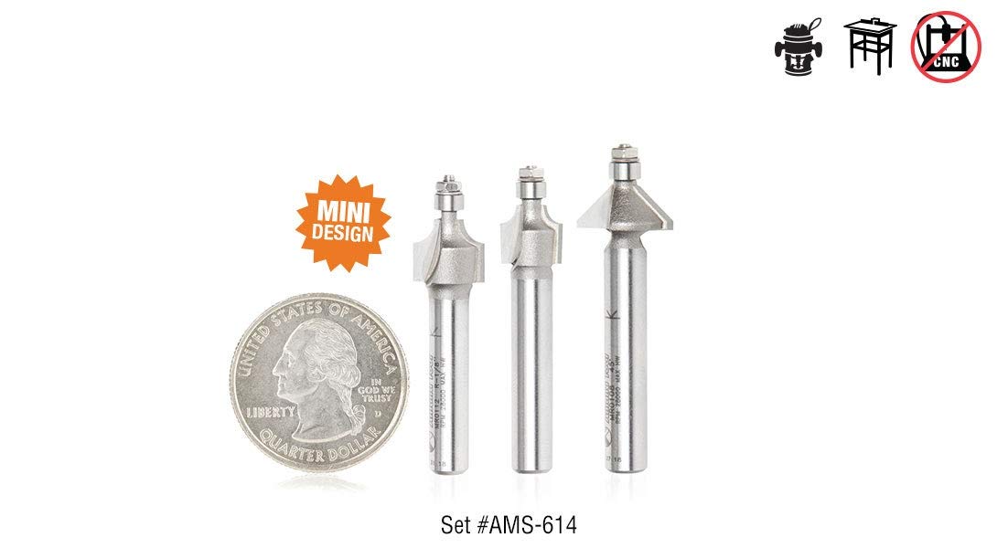 Amana Tool AMS-MRSET 3-Piece Miniature Router Bit Set with 3/16