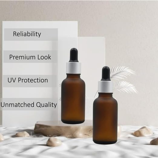 PHARCOS 30ml Amber Frosted Glass Dropper Bottle Set - Matte Silver Ring, Glass Tube, Black Silicone Teat & Wiper Plug - Perfect for Premium Perfumes, Essential Oils & Medicines (Pack of 4) | Ideal for DIY Beauty, Aromatherapy & Natural Remedies