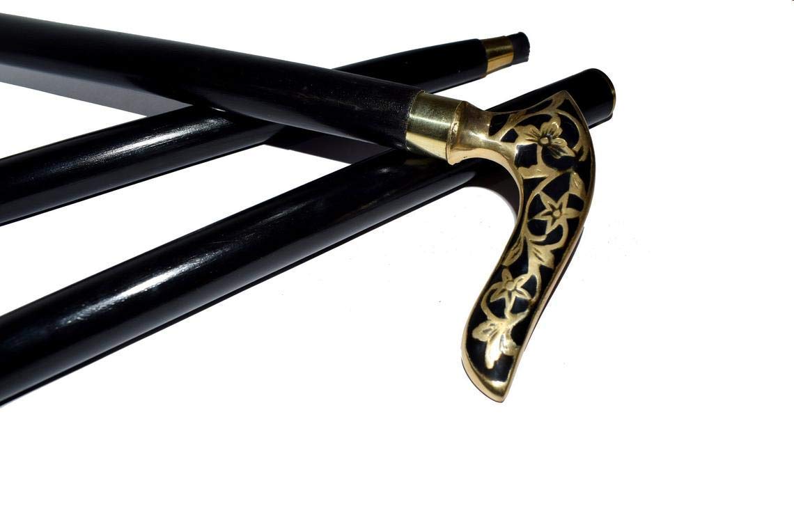 Victorian Style Folding Walking Cane - Elegant Brass Handle with Black Wooden Shaft (3-Section Adjustable Cane) - Perfect for Vintage Fashion, Theater Performances & Mobility Support