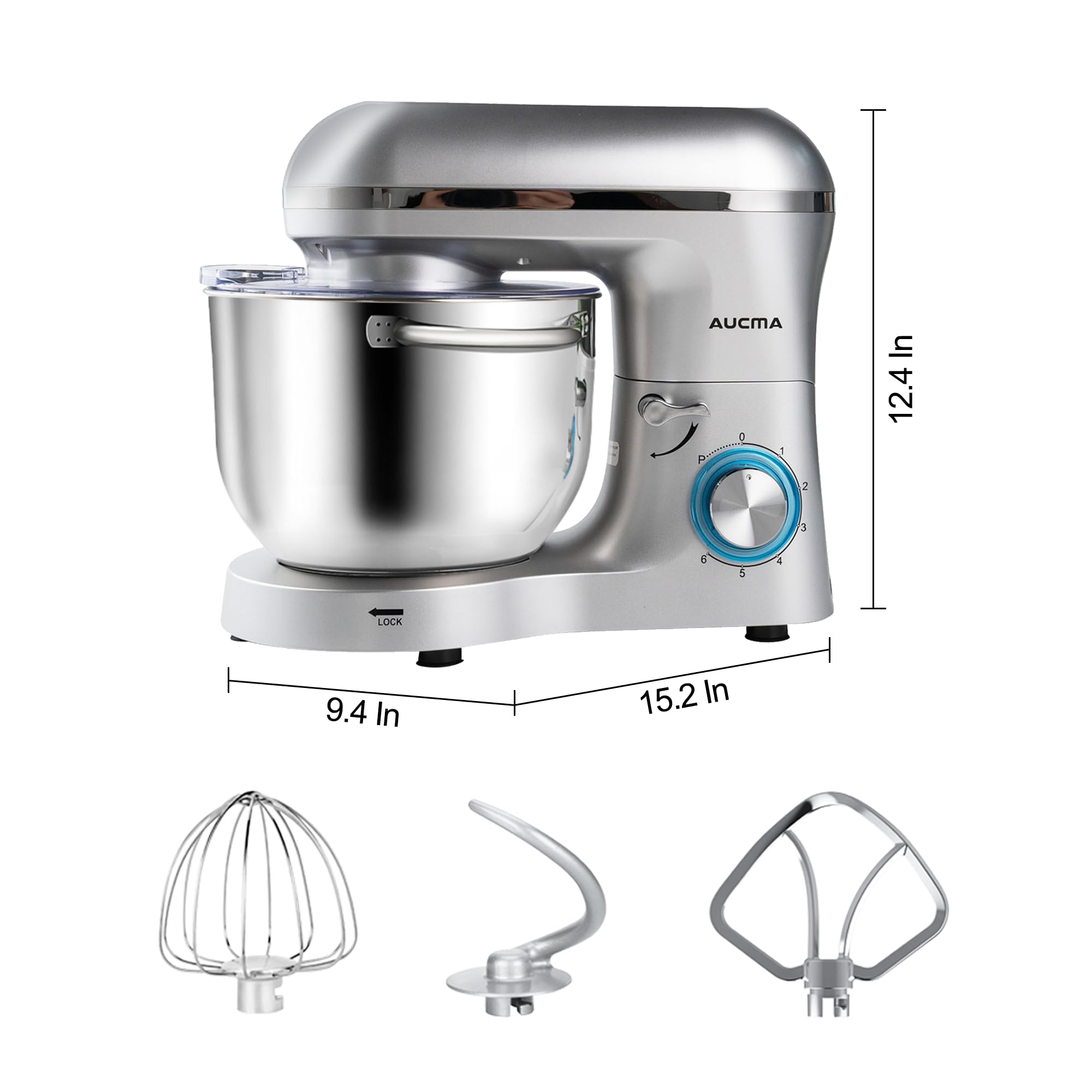 Aucma 6.5-QT 660W Stand Mixer - 6-Speed Tilt-Head Electric Kitchen Mixer with Dough Hook, Wire Whip & Beater (Silver) - Perfect for Baking Cakes, Cookies, Bread & More