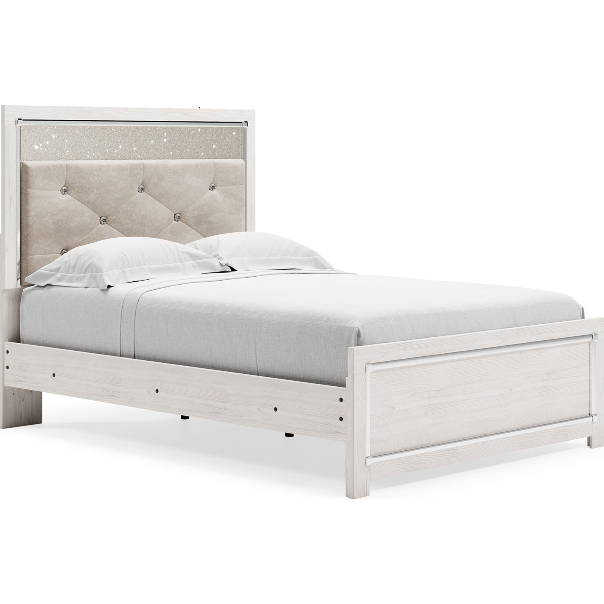 Altyra White Panel Bed Frame - Queen Size, Modern Platform Bed with Upholstered Headboard for Bedroom Decor