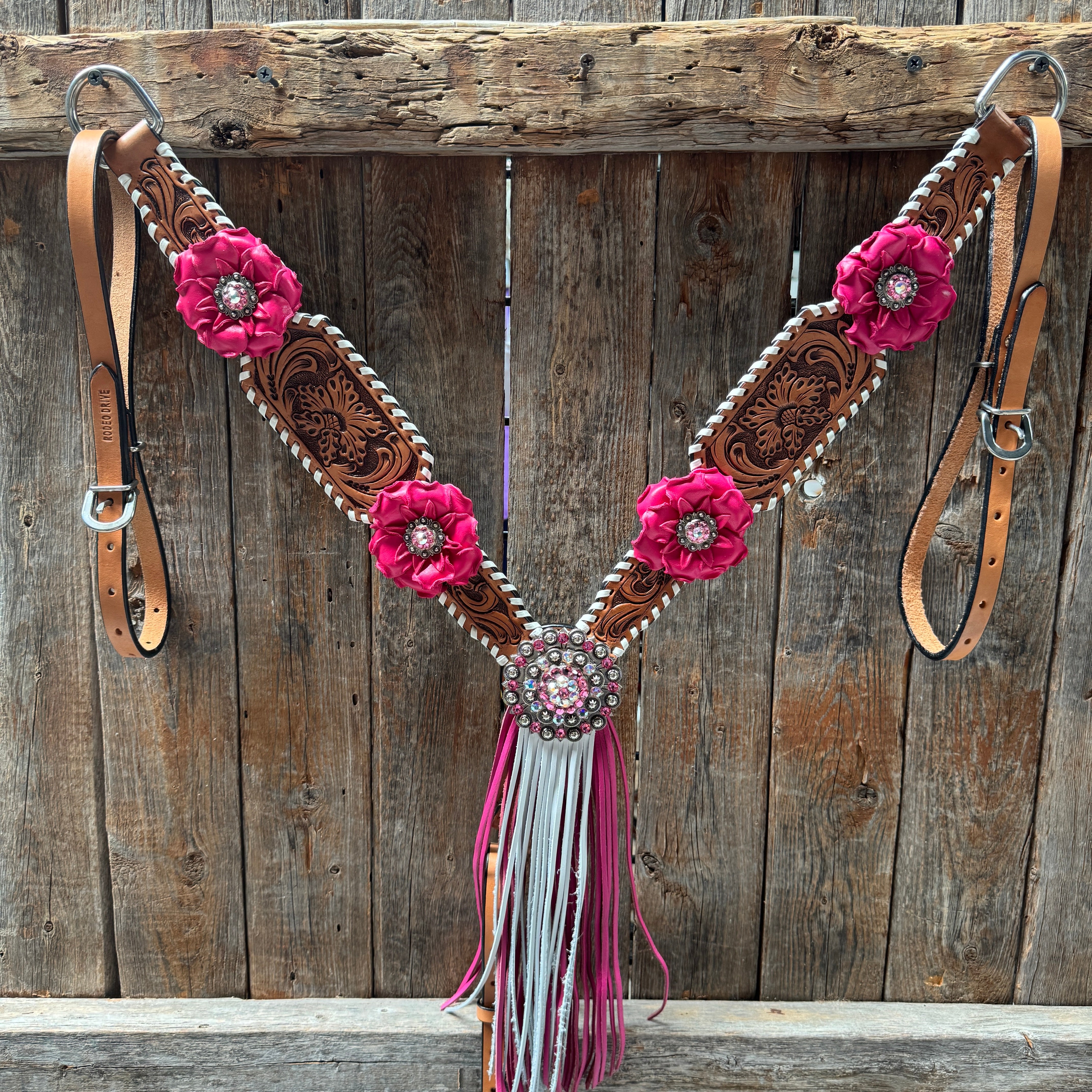 Pink and White Light Oil Whipstitch One Ear & Breastcollar Horse Tack Set #OEBC437 - Perfect for Western Riding, Shows, and Trail Competitions