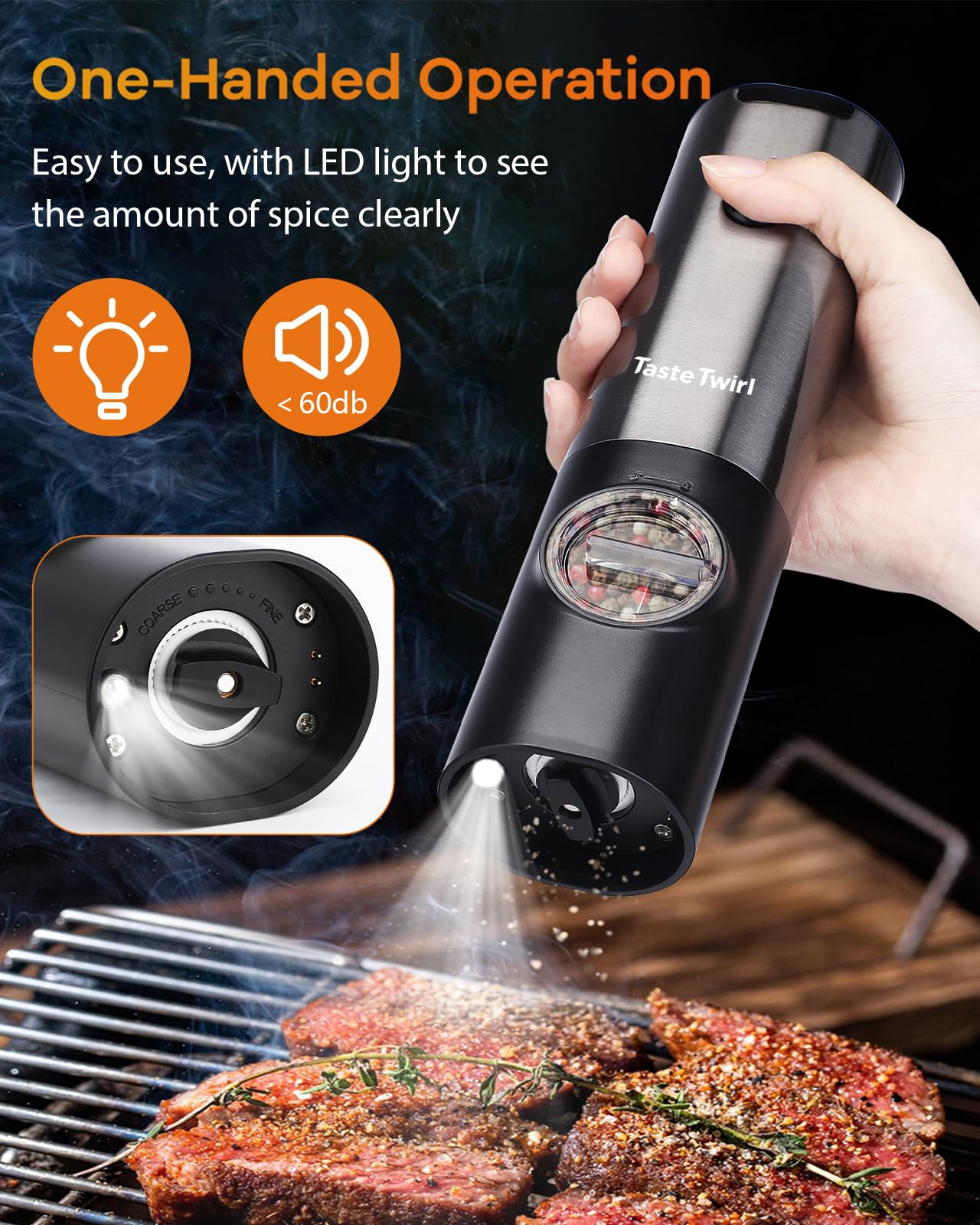 Premium Electric Salt and Pepper Grinder Set - USB Rechargeable, Adjustable Coarseness, One-Hand Operation with LED Light - Perfect for Kitchen, Dining Table & Outdoor BBQ