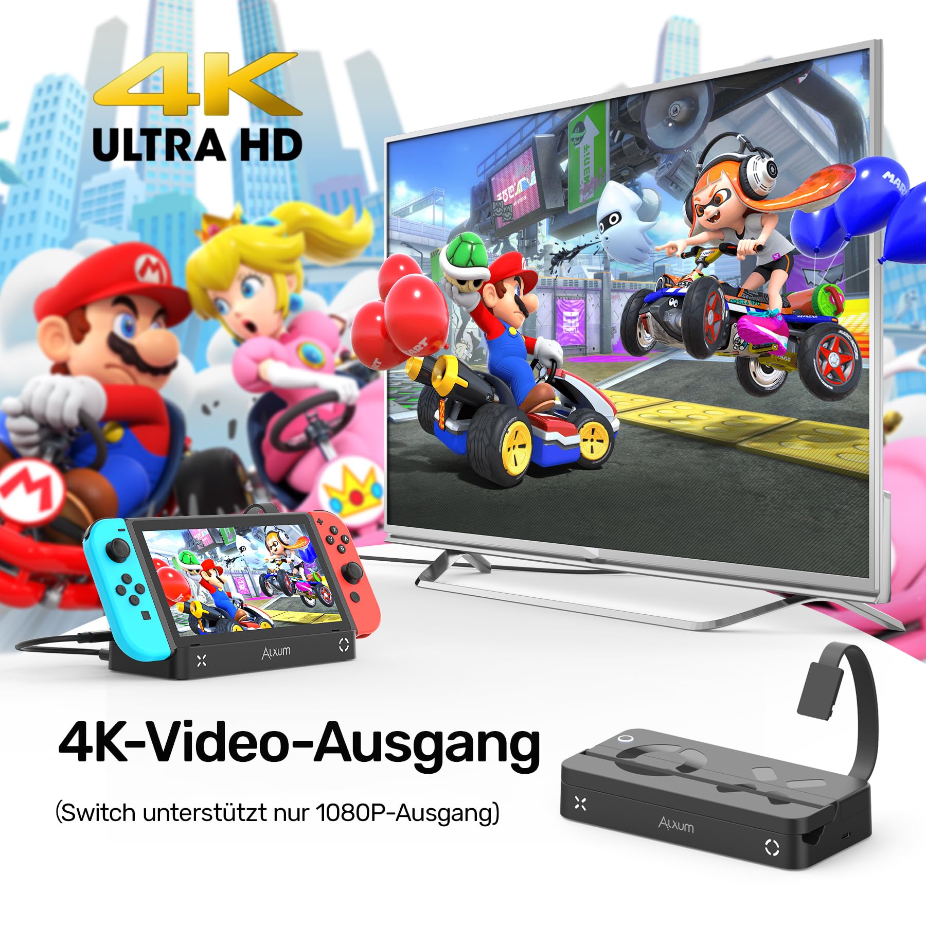 Alxum Switch Docking Station with Game Switcher for Nintendo Switch/OLED - 4K HDMI, 1000Mbps Ethernet, 100W USB-C Charging Port - Replacement for Official Nintendo Switch Dock - Perfect for Gaming at Home or Travel