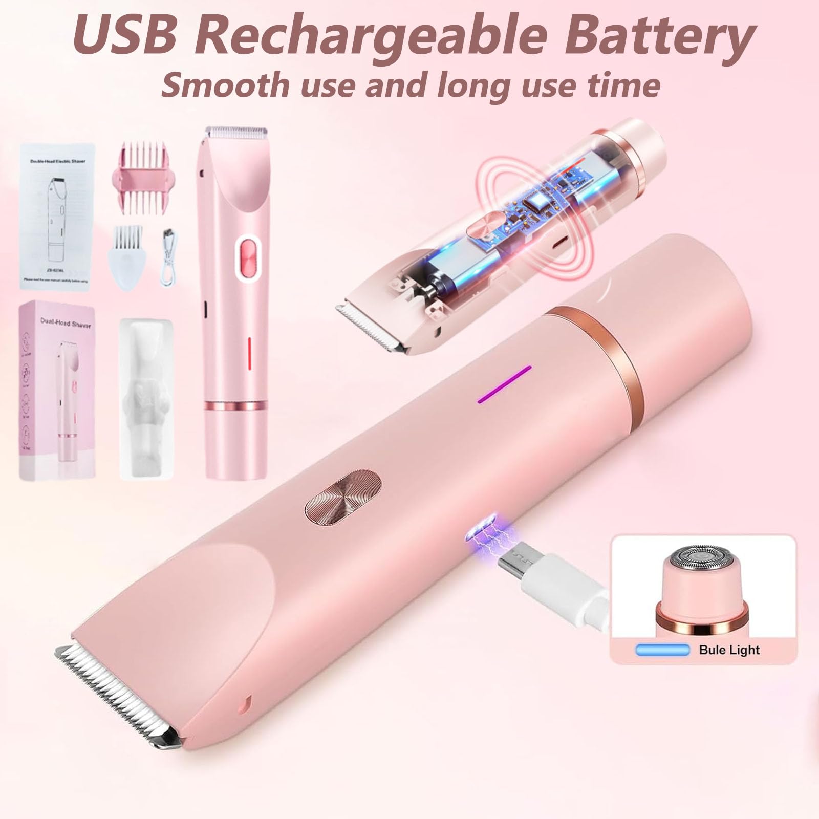 Silkyglow 2-in-1 Women's Electric Body Shaver & Trimmer - Waterproof Dual Head Razor for Smooth Skin (Pink) | Perfect for Travel, Showering & Quick Hair Removal