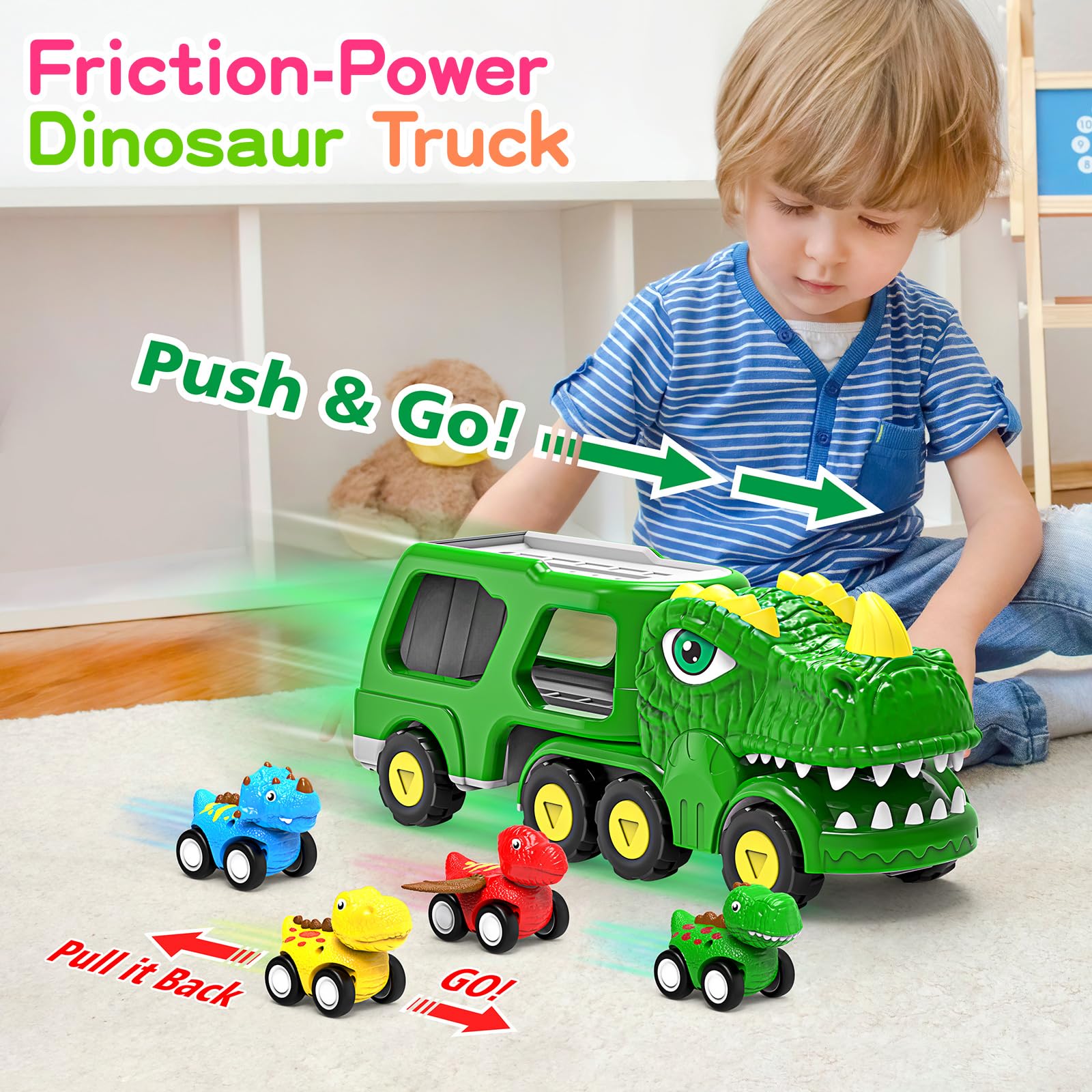 **ENJSD 5-in-1 Dinosaur Toys for Toddlers Ages 1-5 – Friction-Powered Dino Cars with Flashing Lights & Sounds – Best Gift for 1 2 3 4 5 Year Old Boys – Perfect for Playtime, Learning & Birthday Gifts**