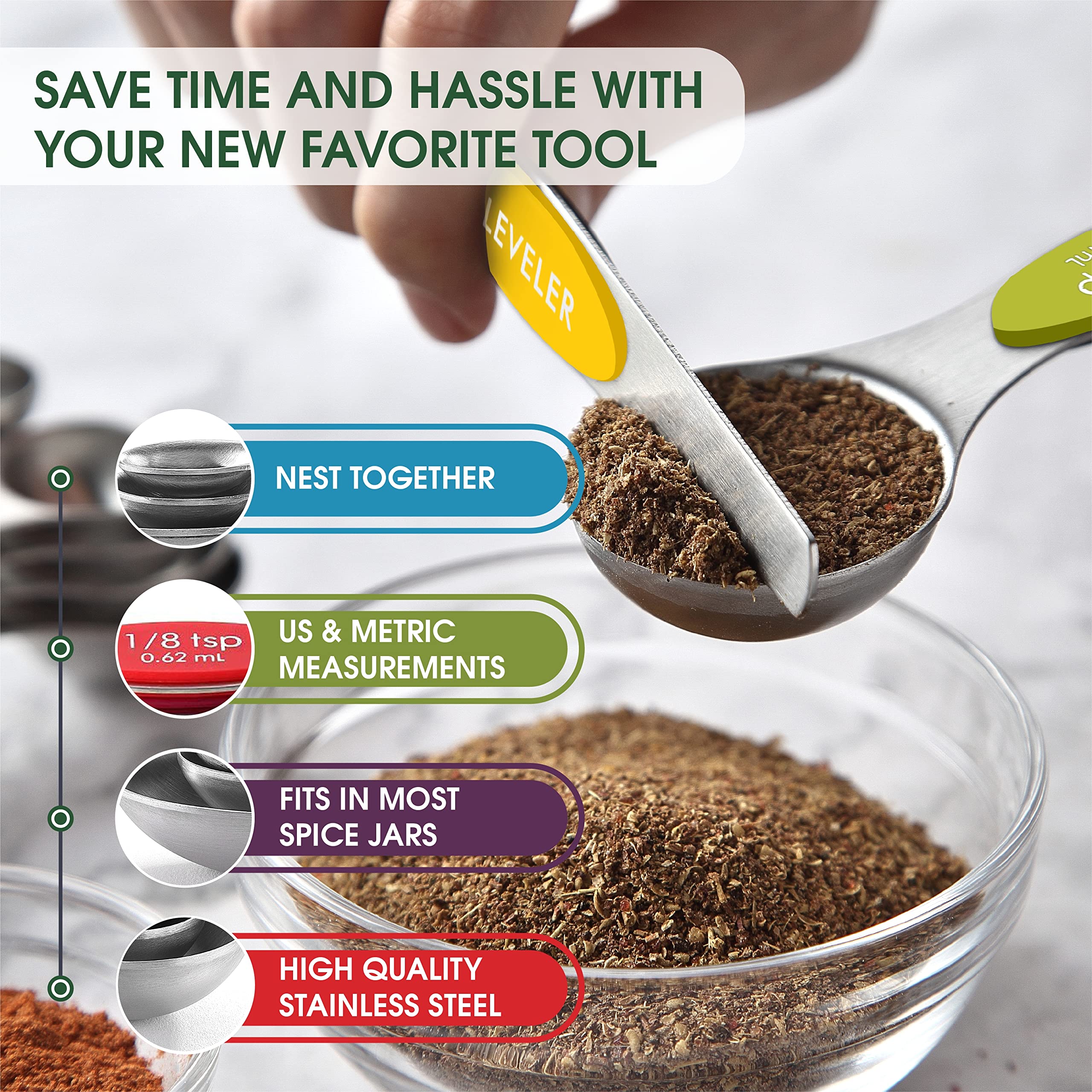 Spring Chef 8-Piece Multicolor Stainless Steel Magnetic Measuring Spoons Set with Leveler | Nesting Metal Teaspoon & Tablespoon Measuring Spoons for Baking, Cooking & Meal Prep | Perfect for Home Kitchens & Professional Bakeries (2-Pack)