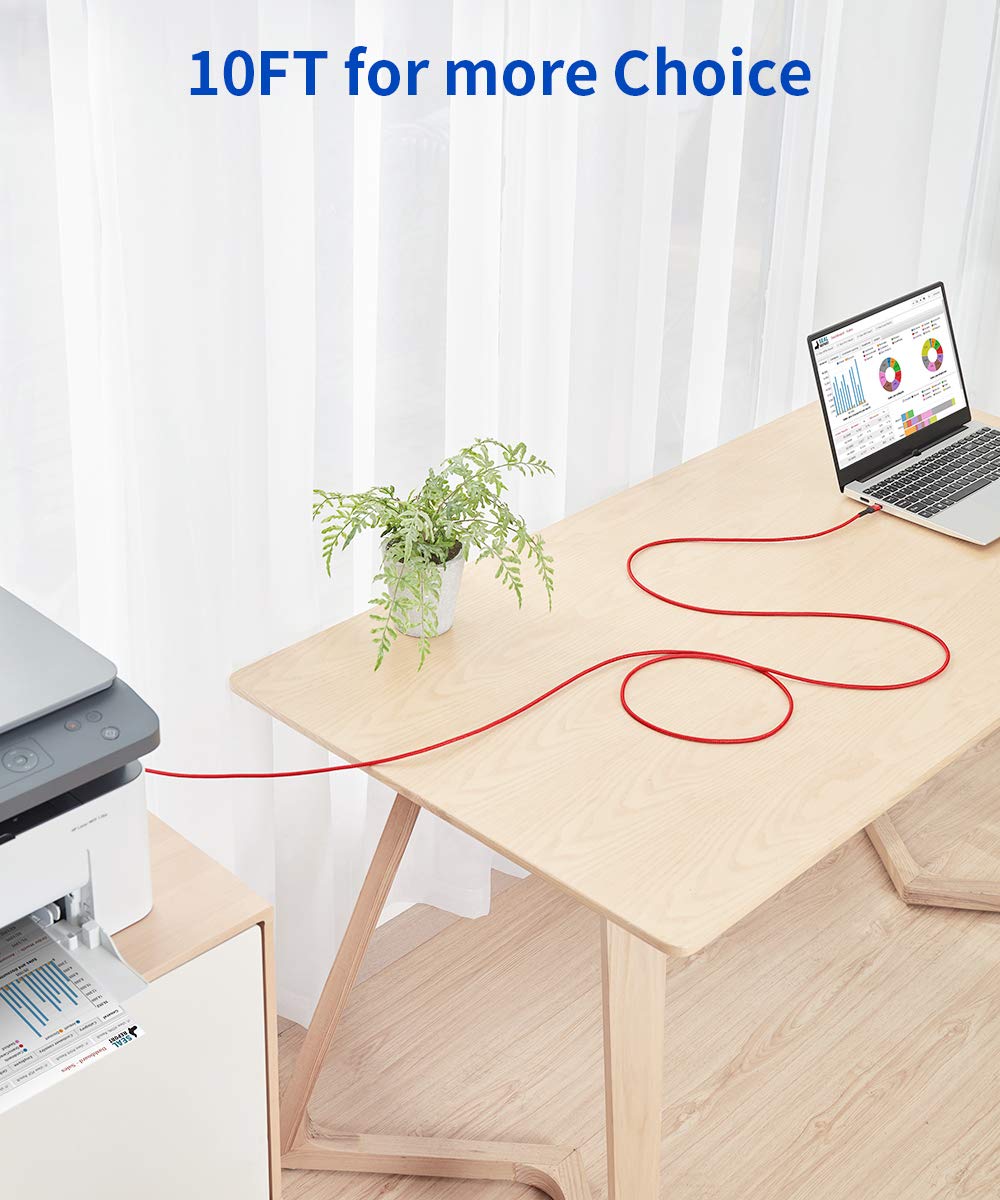 JSAUX 10ft USB B to USB C Printer Cable - Nylon Braided USB C MIDI Cable for MacBook Pro, HP, Epson, Canon, Brother, Lexmark, Xerox Printers & Scanners - Fast Charging & Data Sync - Perfect for Home Office & Studio Setup (Red)