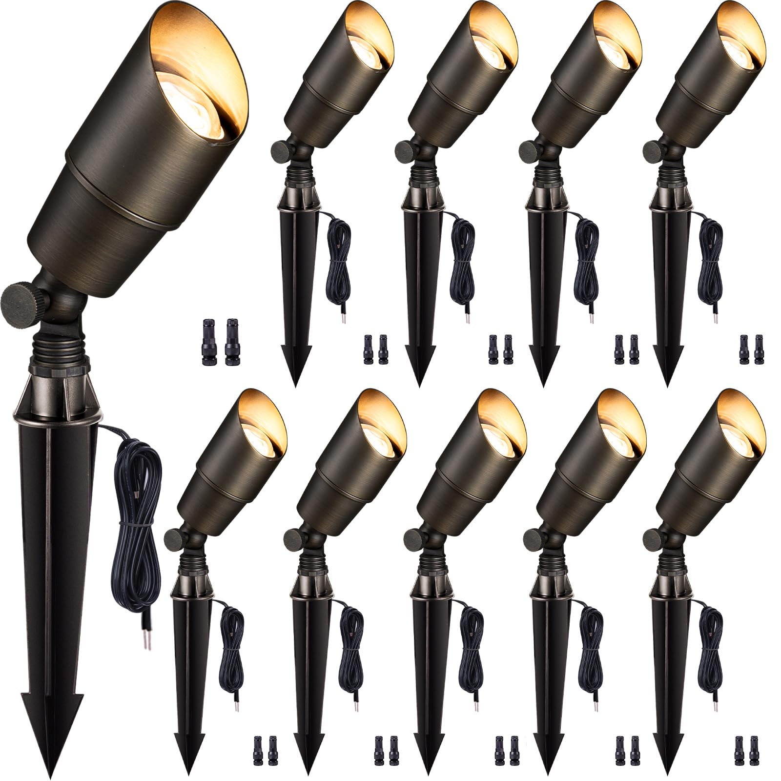 12V LED Low Voltage Spotlight - Bronze Outdoor Light Fixture, Brass Landscape Lighting (10 Pack) - Weatherproof Hardwired for Wall Wash, Flag Lighting, Garden & Pathway Illumination