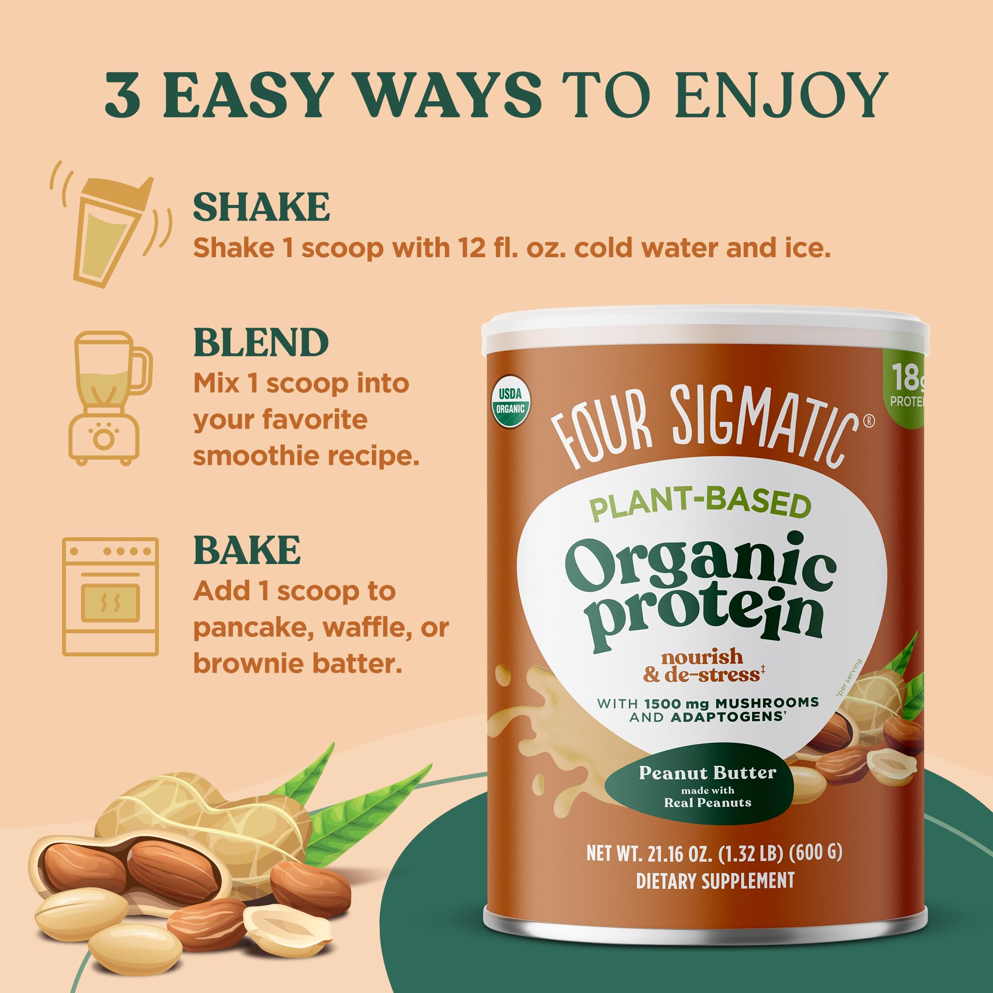 Four Sigmatic Organic Plant-Based Protein Powder - Peanut Butter Flavor with Lion’s Mane, Chaga & Cordyceps | Vegan Protein for Brain Function & Immune Support | 21.16 oz | Perfect for Post-Workout Recovery & Healthy Smoothies