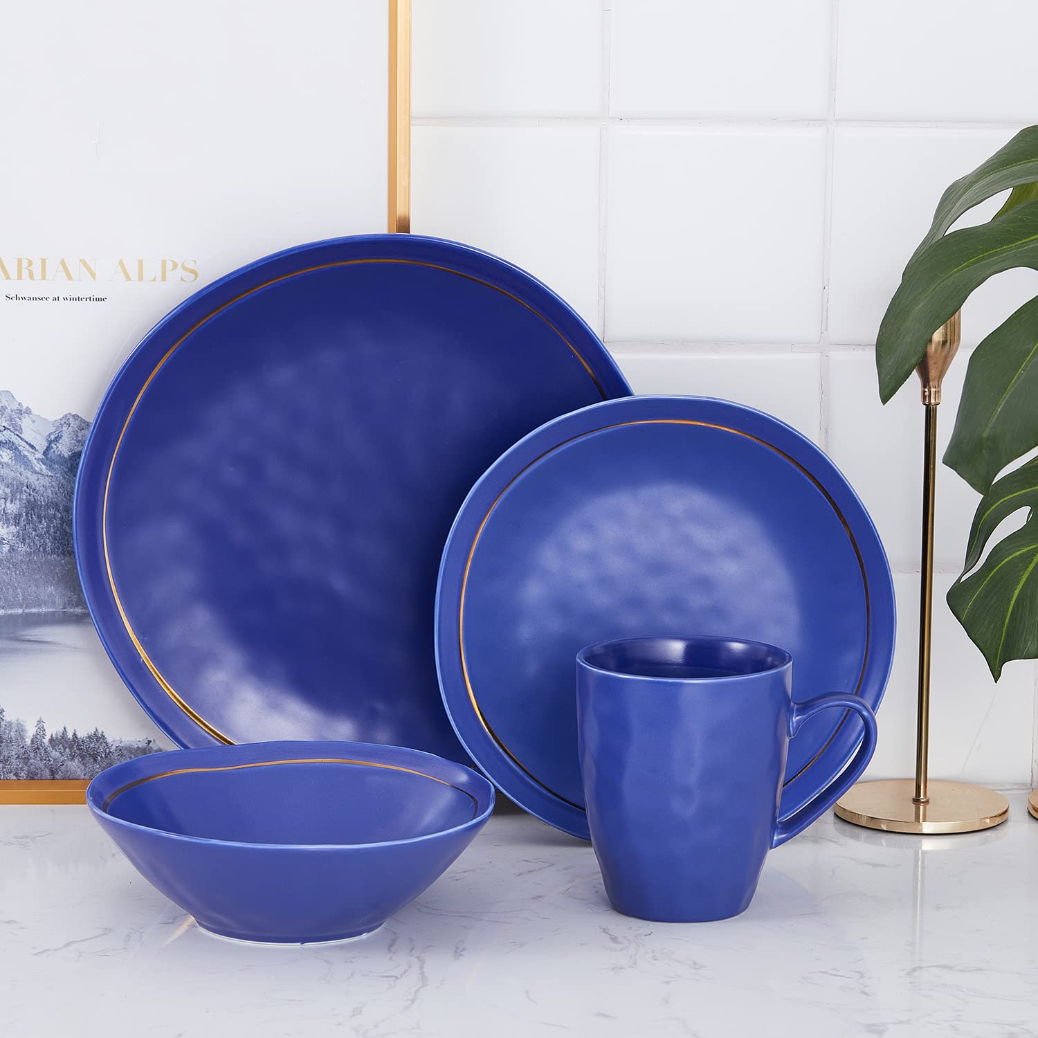 Clara Porcelain 16-Piece Round Dinnerware Set in Blue - Stone Lain Elegant Dinner Plates, Bowls & Mugs for 4 People - Perfect for Family Dinners, Holiday Entertaining & Restaurant-Style Dining