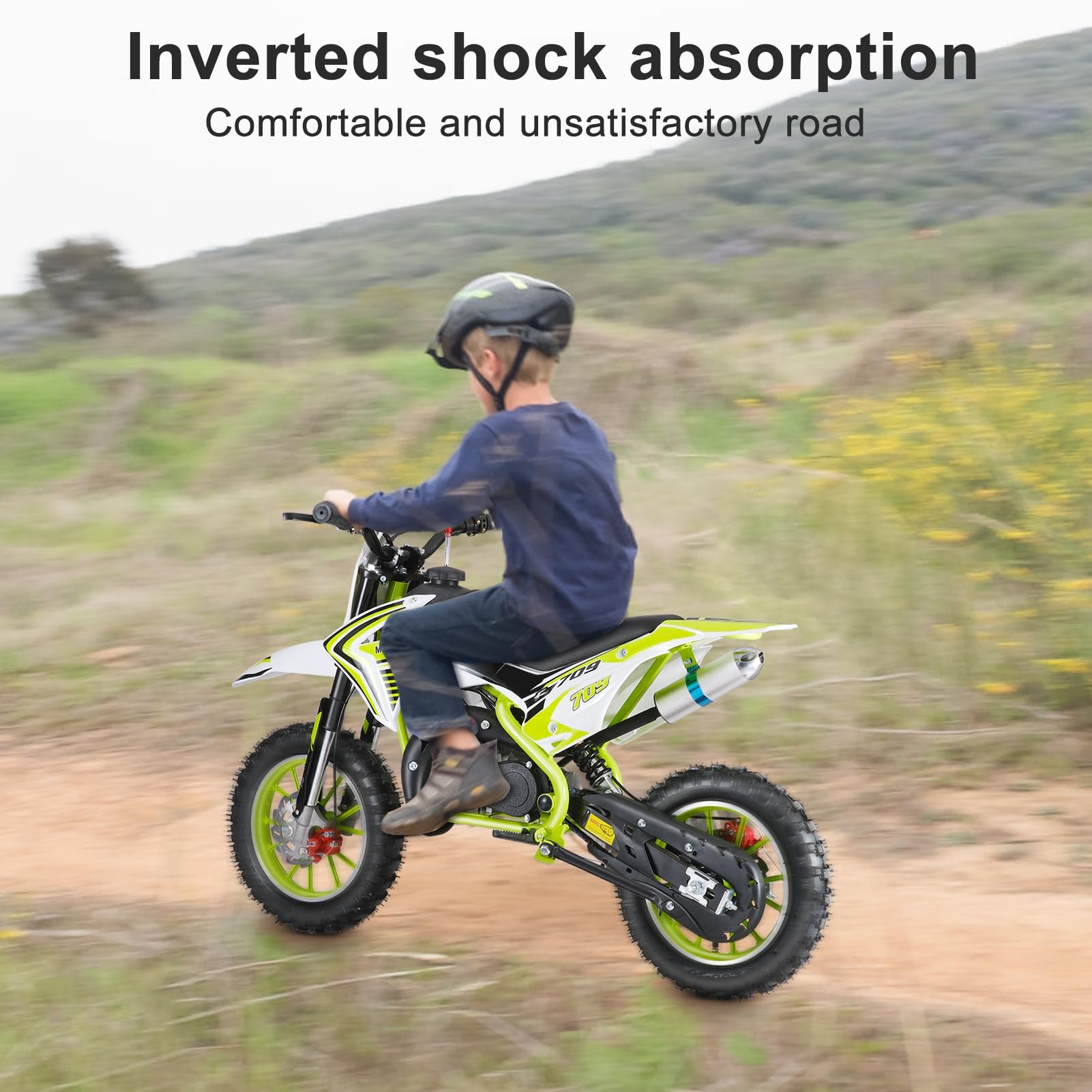 49cc 2-Stroke Gas Powered Kids Dirt Bike - Mini Motorcycle for Off-Road & Motocross - Green Pocket Rocket with Front & Rear Disc Brakes - Perfect for Backyard Riding, Trail Adventures & Youth Racing