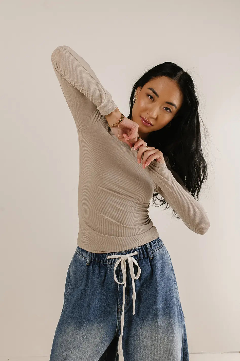 Journee Women's Ribbed Knit Top in Tan - Soft Stretch Casual Shirt for Layering, Tucking, or Wearing Alone - Perfect for Work, Date Night & Everyday Outfits