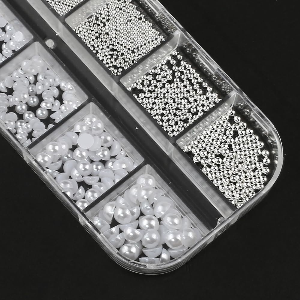 Dornail 12 Grids White Pearl Beads for Nails - Half Round Stainless Steel Caviar Beads & Flatback Pearls - DIY Nail Art Charms for Women - Perfect for Nail Decoration, Manicures, and Crafting Projects